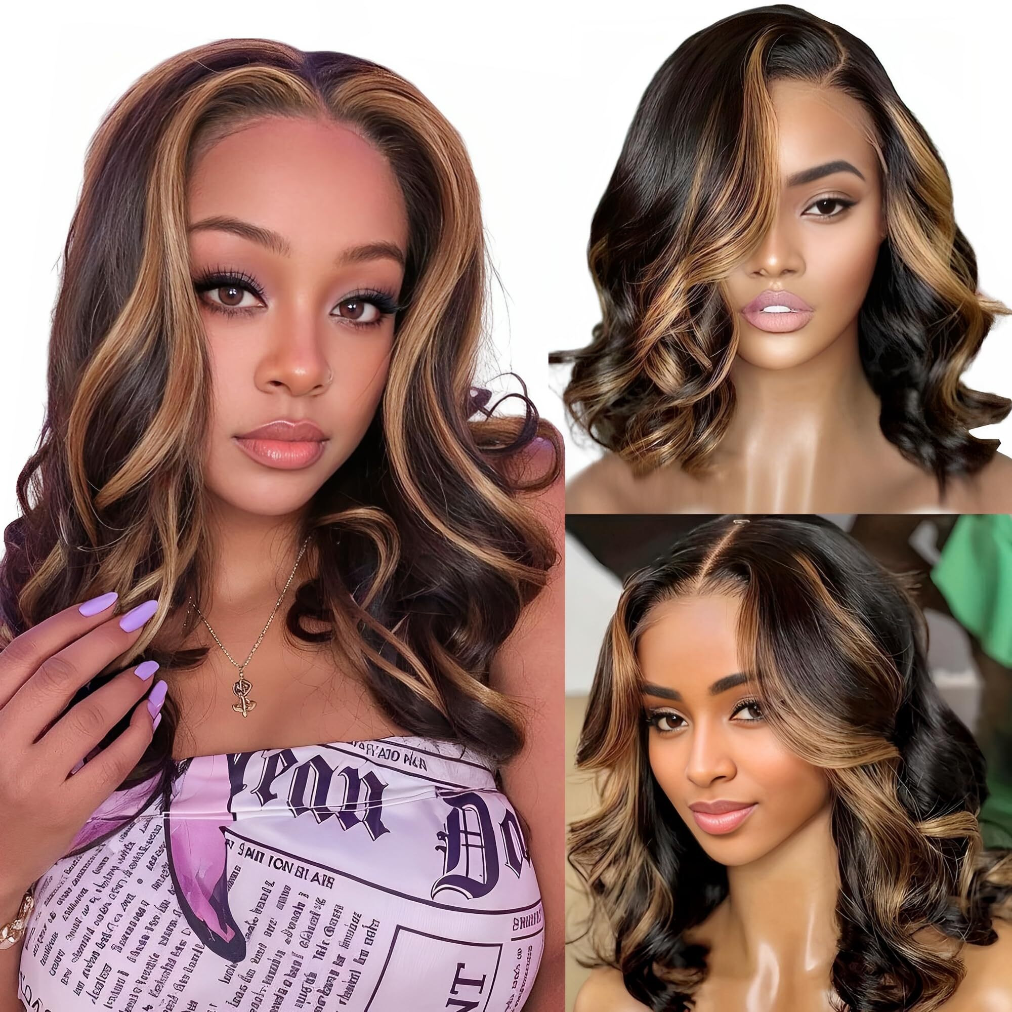 Kinmos 13X6 Ombre Highlight Lace Front Wigs Human Hair Wigs For Women Glueless 200% Density Hd Body Wave Lace Frontal Wigs Human Hair Pre Plucked With Baby Hair Fb/30 18 Inch