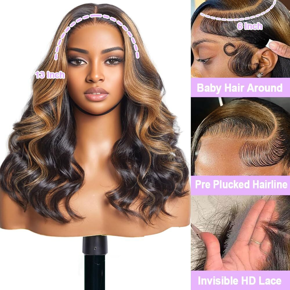 Kinmos 13X6 Ombre Highlight Lace Front Wigs Human Hair Wigs For Women Glueless 200% Density Hd Body Wave Lace Frontal Wigs Human Hair Pre Plucked With Baby Hair Fb/30 18 Inch