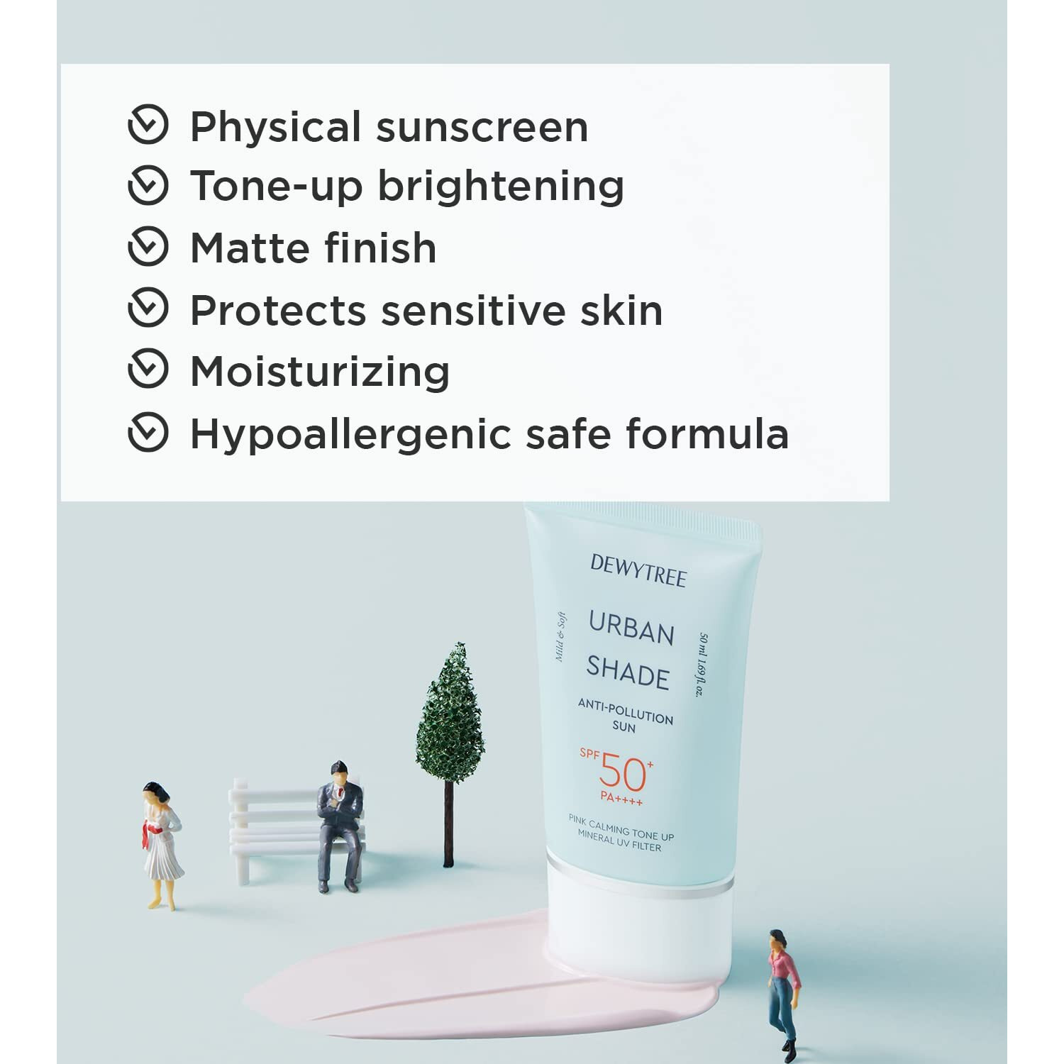 Dewytree Urban Shade Skin Sun Protection Daily Face Moisturizer With Spf 50 + Pa++++ Face Moisturizer For Dry Skin Pink Tone Up Cream Matte Sunscreen Sunblock For Face Spf Face Lotion (1.69 Fl Oz)