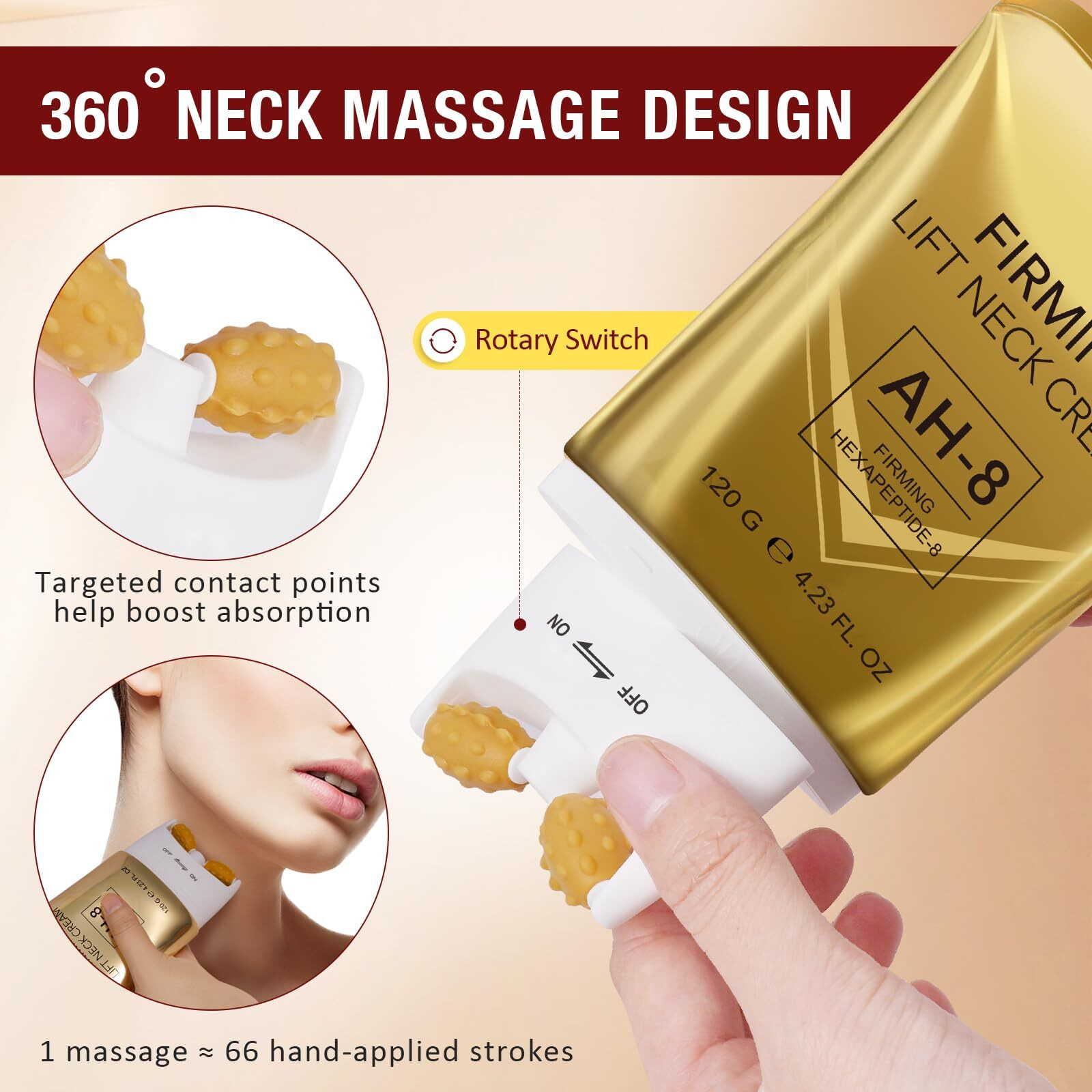Ah-8 Firming Neck Cream,Roller Neck Creams For Crepey Skin Body Care Comfort, Tightening & Moisturizing Skin, Reduces Neck Lines, Improves Elasticity, Anti-Aging, Skin Care Repair (Gold, 120G)