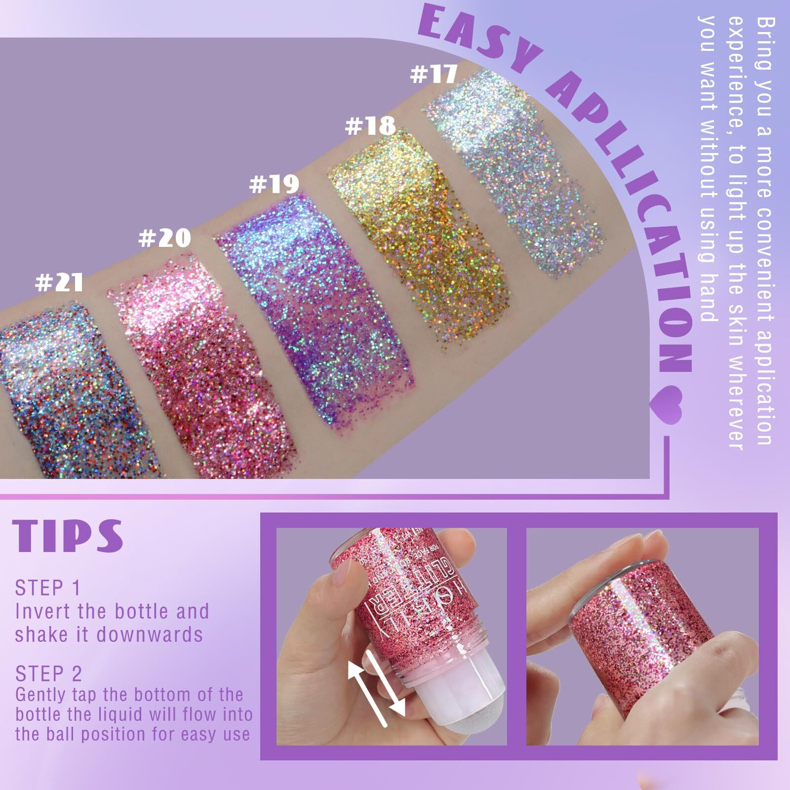 Hosaily Roll-On Holographic Body Glitter Gel For Face Hair, Chameleon Color Changing Glitter Gel Under Light, Chunky Mermaid Sequins Festival Party Rave Accessories Shimmer Makeup (20 Pink)