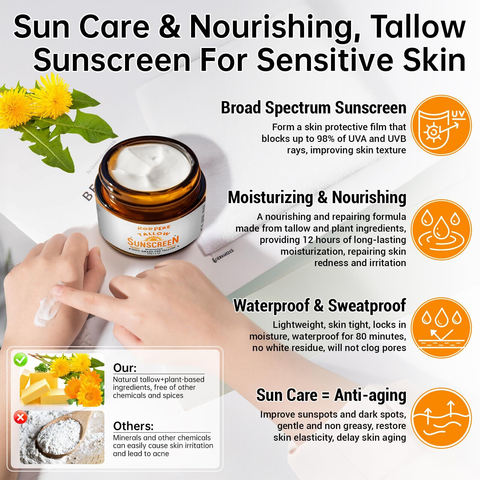 Beef Tallow Sunscreen Spf 50 For Face & Body, 2 Oz Natural & Organic Grass-Fed Tallow Sun Balm With Zinc, Hyaluronic Acid For Sensitive Skin, Broad Spectrum, Moisturizing, Reef Safe, No White Residue