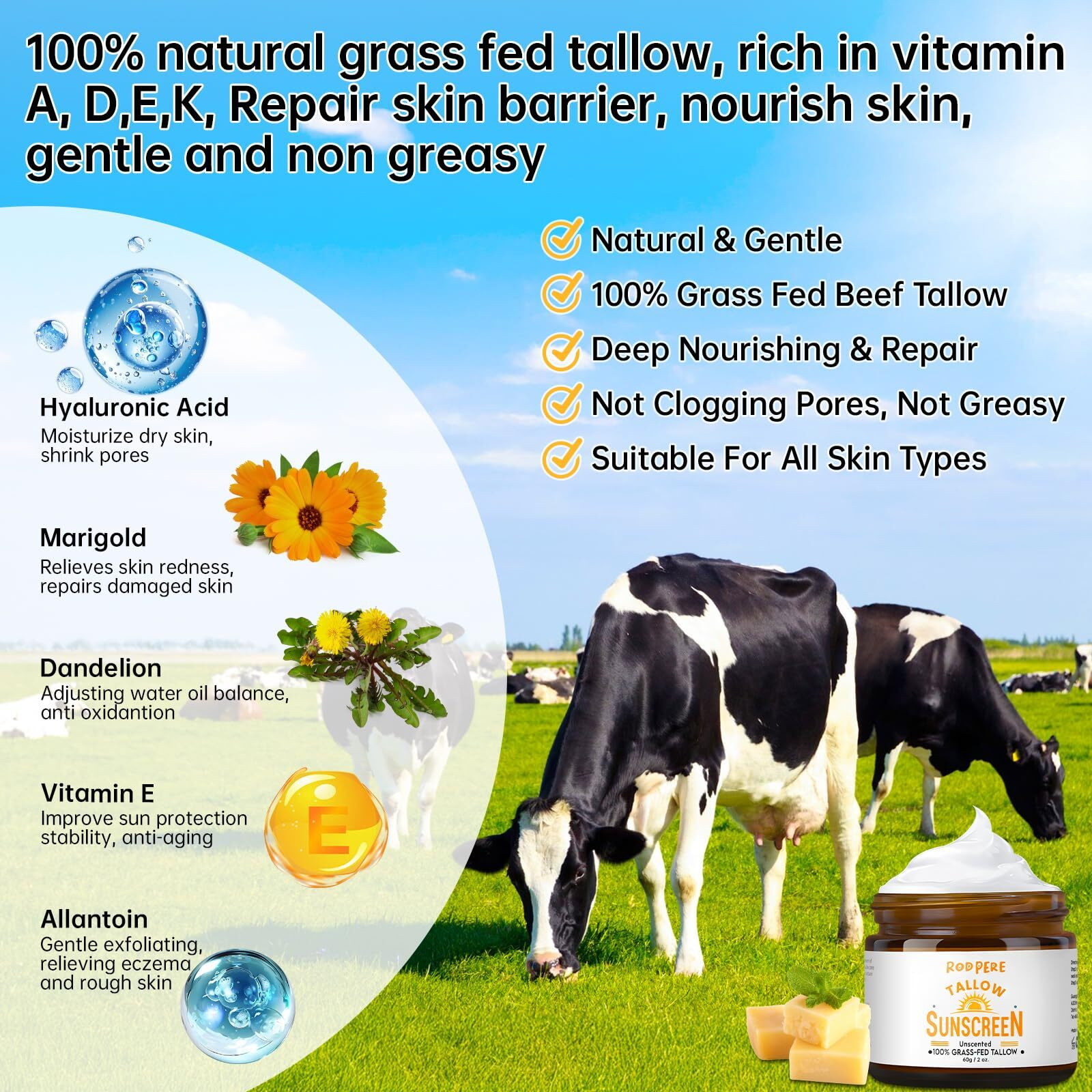 Beef Tallow Sunscreen Spf 50 For Face & Body, 2 Oz Natural & Organic Grass-Fed Tallow Sun Balm With Zinc, Hyaluronic Acid For Sensitive Skin, Broad Spectrum, Moisturizing, Reef Safe, No White Residue