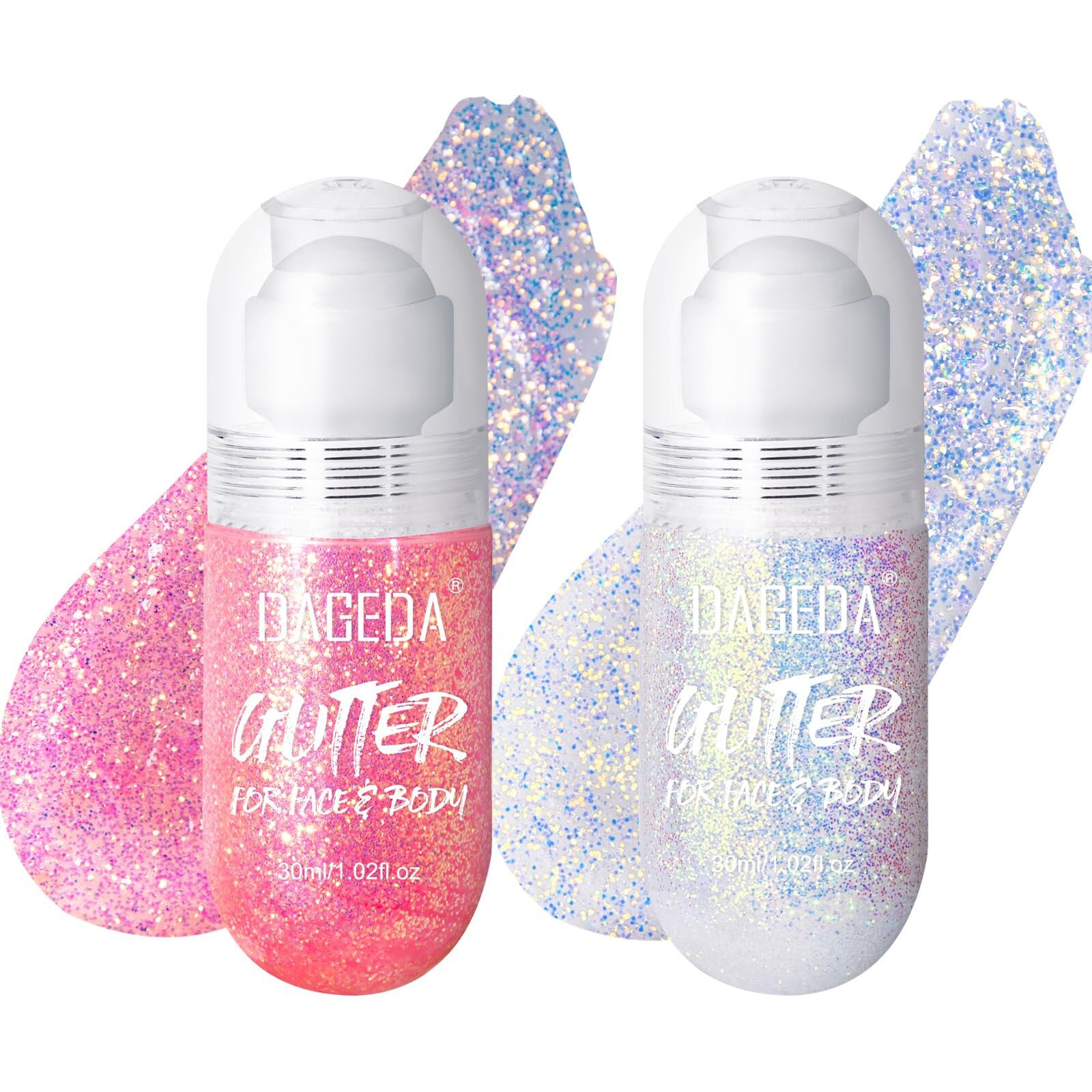Dageda 2Colors Roll-On Body Glitter Gel For Body, Hair, Face, Holographic Glitter Makeup For Rave Accessories, Body Shimmer Hair Glitter Gel For Halloween Makeup(Pink + Ocean Glow)