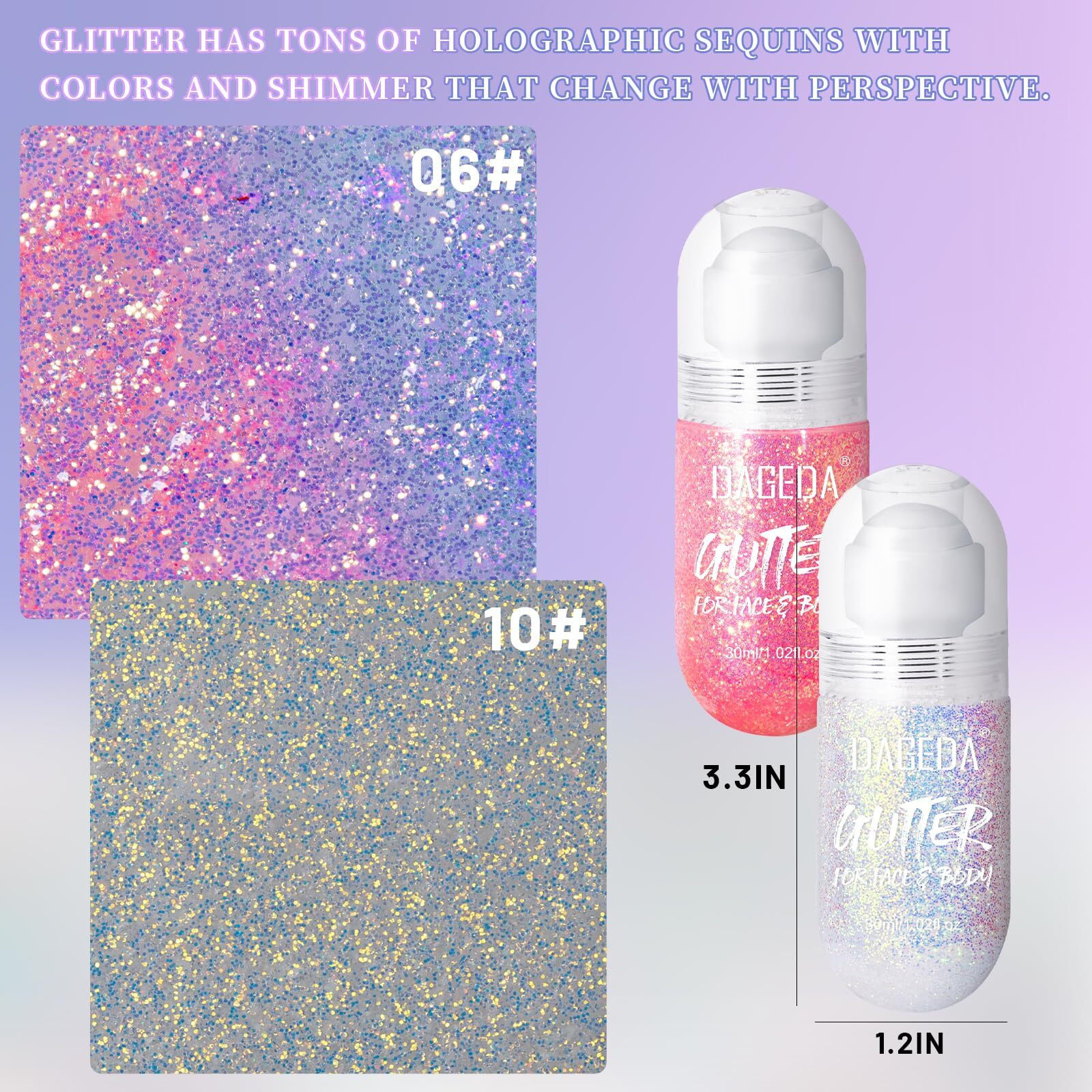 Dageda 2Colors Roll-On Body Glitter Gel For Body, Hair, Face, Holographic Glitter Makeup For Rave Accessories, Body Shimmer Hair Glitter Gel For Halloween Makeup(Pink + Ocean Glow)