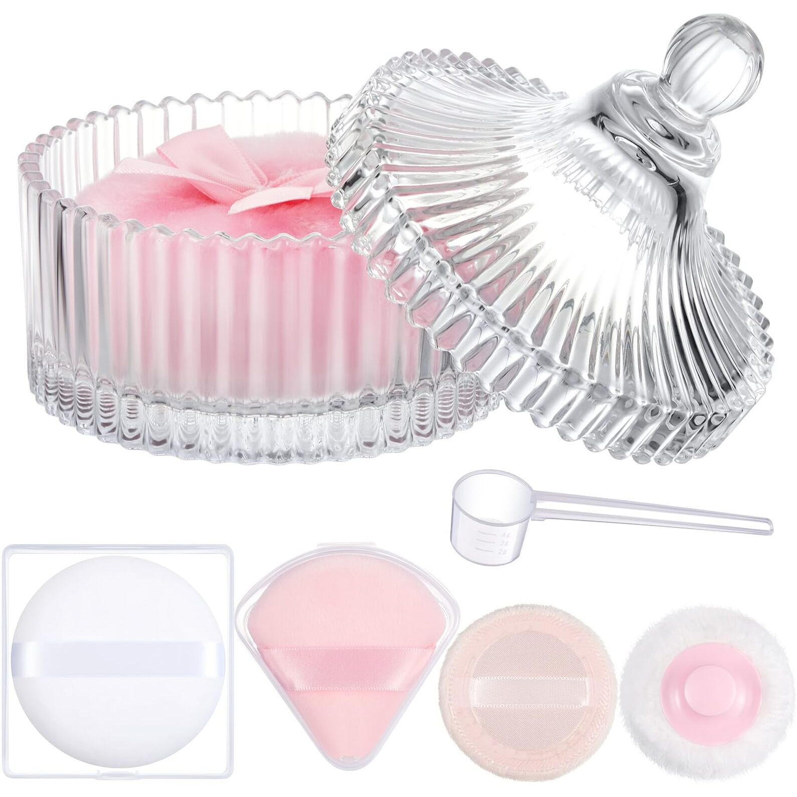 Tioncy 7 Pcs Large Body Powder Puff And Container Set Powder Container With Powder Puff Crystal Container Soft Washable Reusable Velour Face Body Glitter Powder Puff Wet Dry Makeup