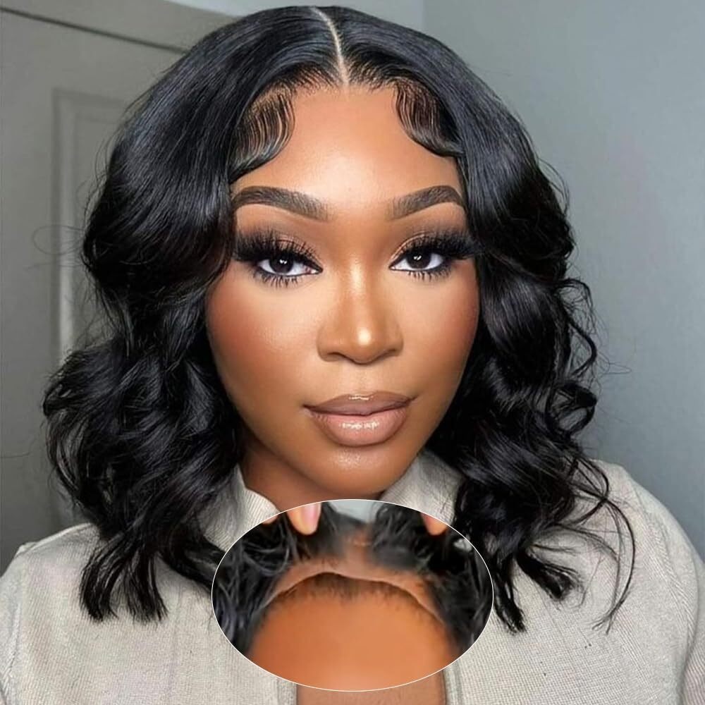 Amuopz Glueless Wigs Human Hair Pre Plucked Pre Cut 5X5 Hd Lace Closure Wigs Human Hair Bob Upgraded No Glue Body Wave Lace Front For Black Women 200 Density(12 In)