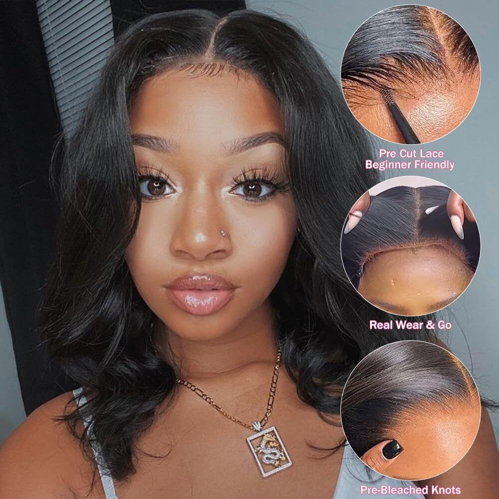 Amuopz Glueless Wigs Human Hair Pre Plucked Pre Cut 5X5 Hd Lace Closure Wigs Human Hair Bob Upgraded No Glue Body Wave Lace Front For Black Women 200 Density(12 In)