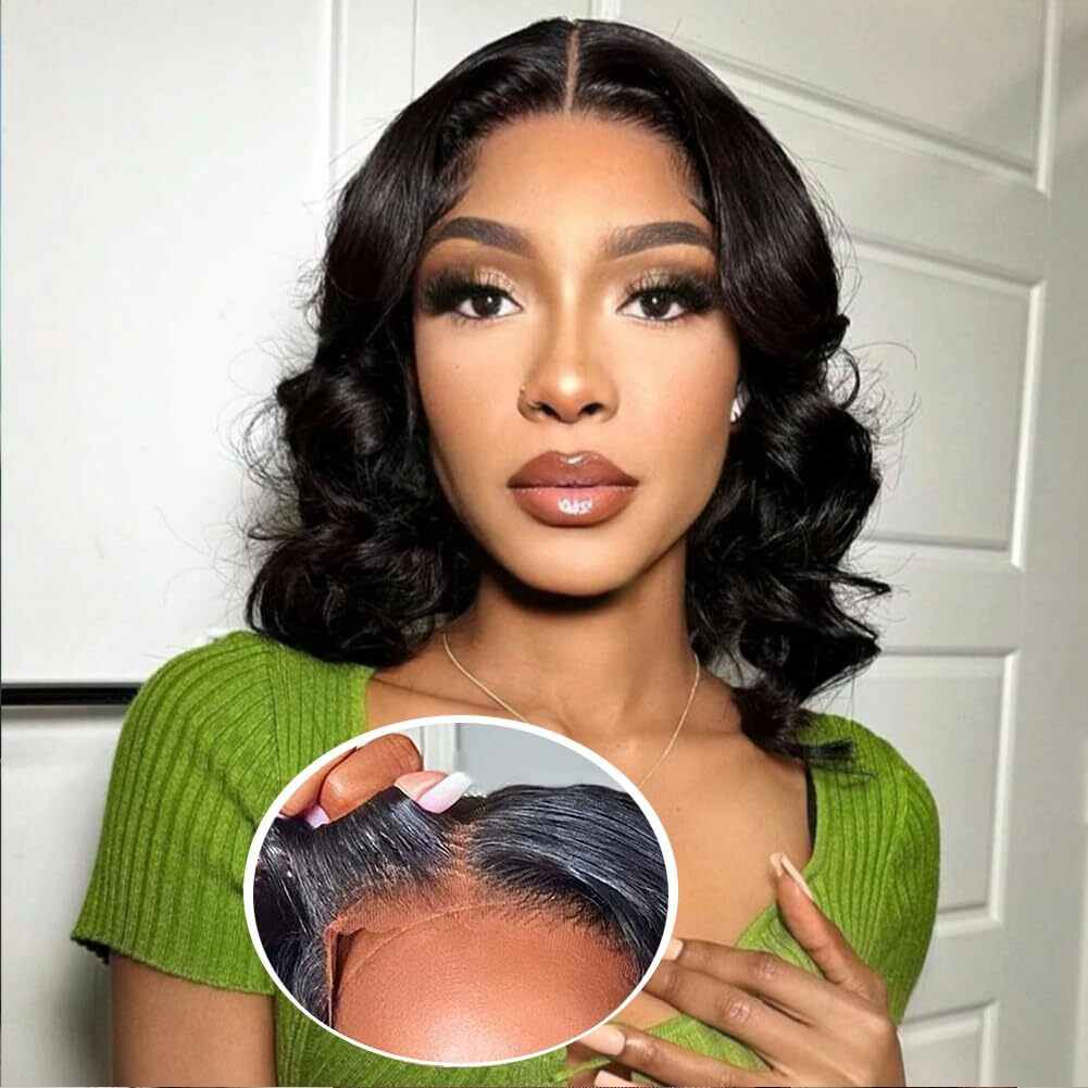 Blockice Glueless Wigs Human Hair Bob Wig Human Hair For Black Women Wear And Go Body Wave Lace Front Wigs Pre Plucked Upgraded No Glue Needed Pre Cut 4X4 Lace Closure Wigs For Beginners 10 Inch