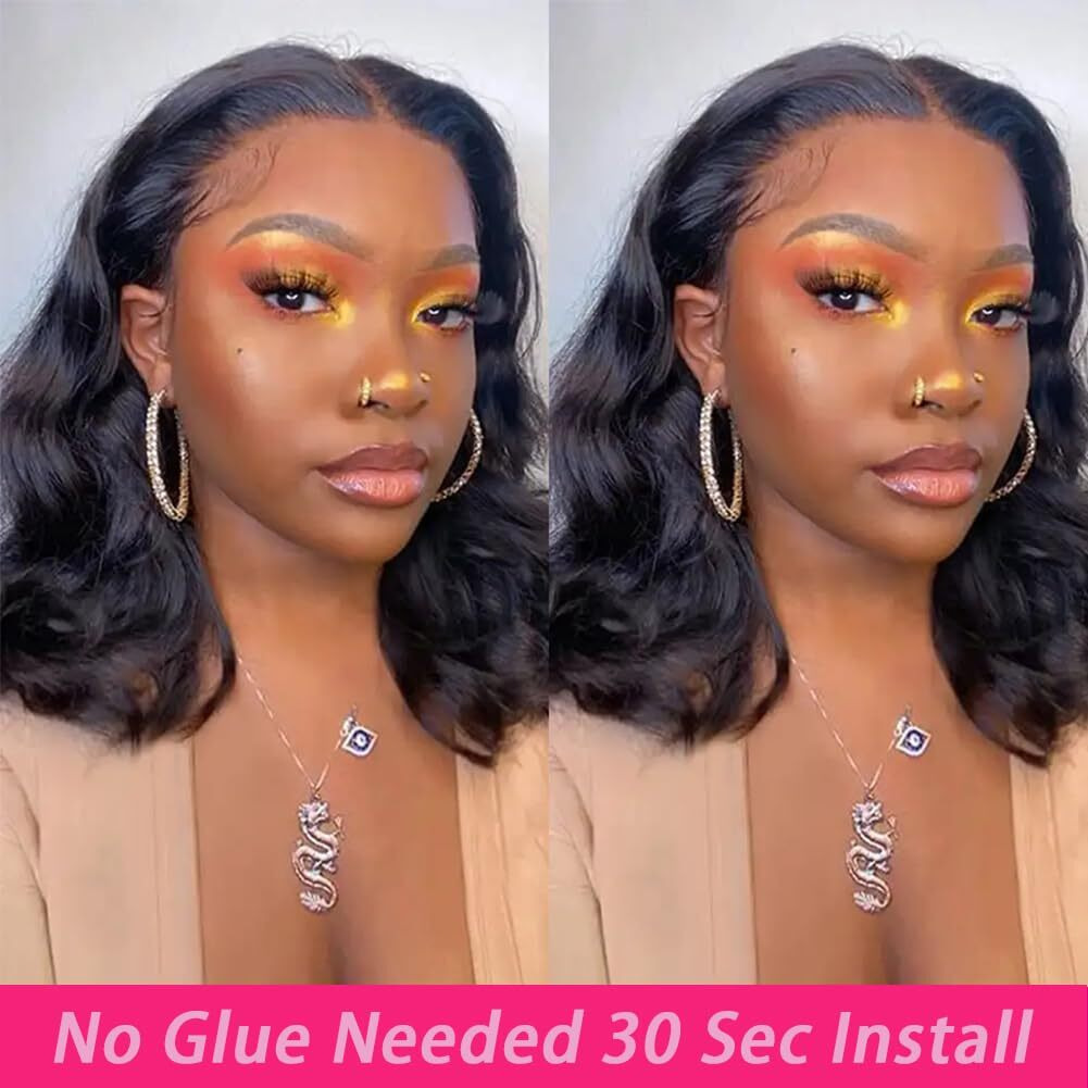 Blockice Glueless Wigs Human Hair Bob Wig Human Hair For Black Women Wear And Go Body Wave Lace Front Wigs Pre Plucked Upgraded No Glue Needed Pre Cut 4X4 Lace Closure Wigs For Beginners 10 Inch