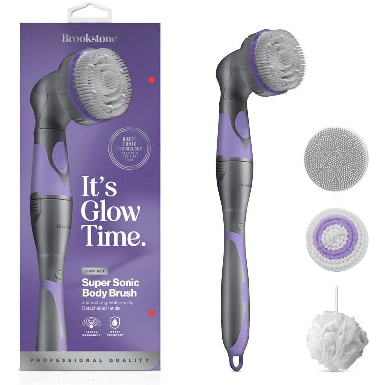 Brookstone 5 Piece Electric Body Bath Brush | Long Handled Body Scrubber And Facial Cleansing Brush | Battery Powered Shower Brush With 4 Spin Brush Heads (Charcoal/Purple)