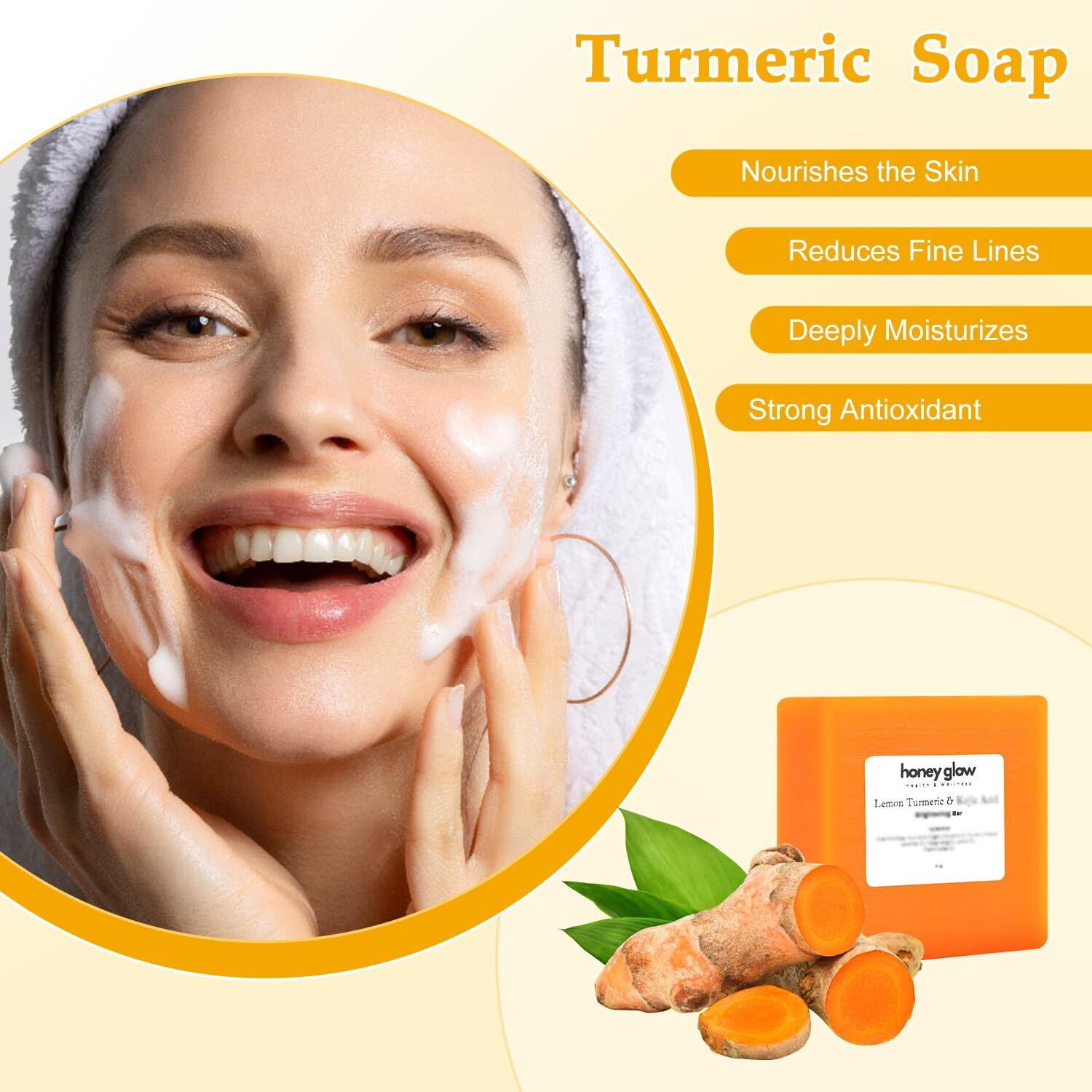 Cijikos Honey Glow Lemon Turmeric Kojic Soap Bar, Honey Glow Turmeric Soap, Lemon Kojic Soap, Turmerices Soapes Bar For Face & Body, Natural Turmerics Handmade Soaps For All Skin Types (3Pcs)