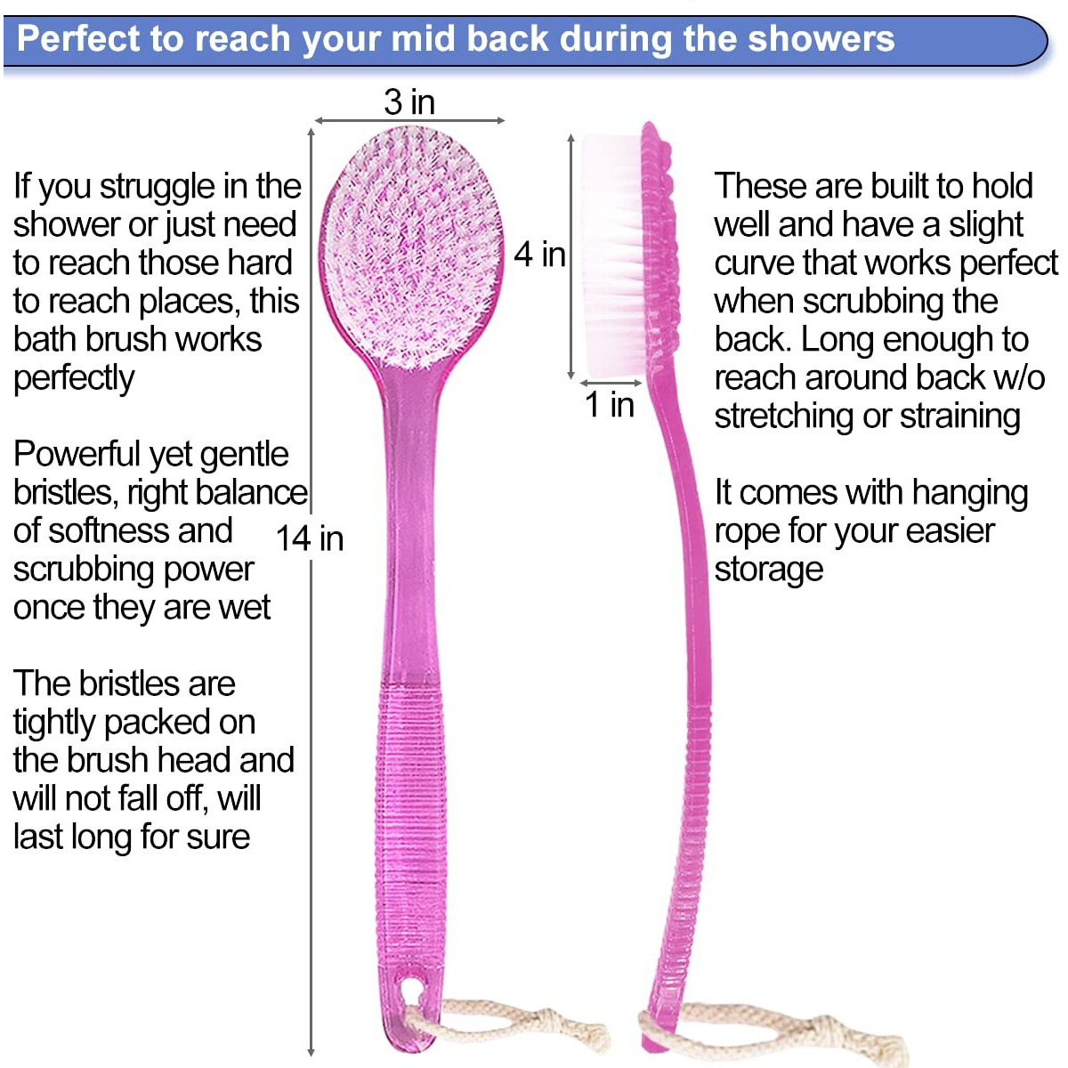 Amerwash Plus Back Brush For Shower, 14-Inch Long Handle Medium Stiff Bristles Bath Scrubber For Men Women Body Exfoliating And Brushing - 2 Packs Pink