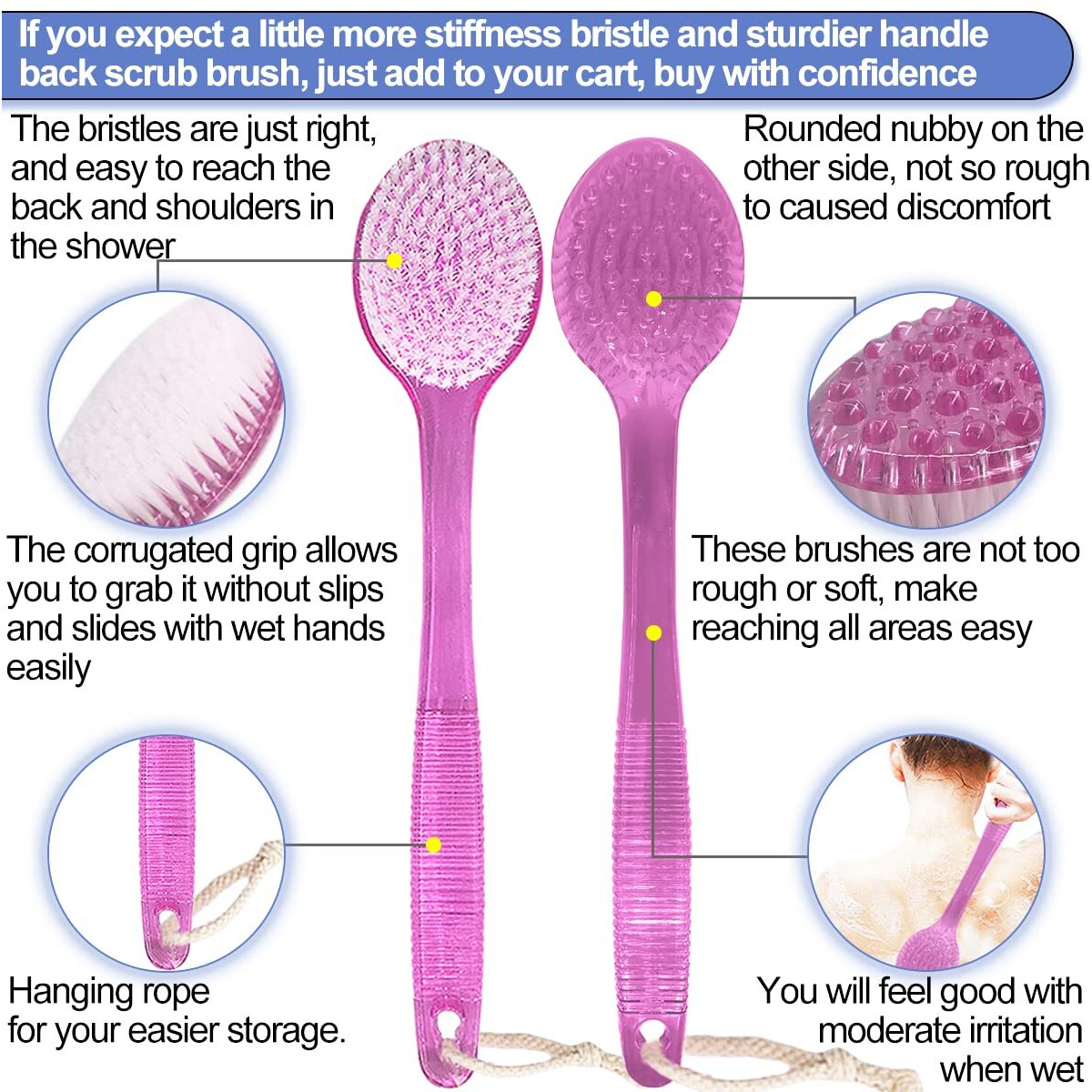 Amerwash Plus Back Brush For Shower, 14-Inch Long Handle Medium Stiff Bristles Bath Scrubber For Men Women Body Exfoliating And Brushing - 2 Packs Pink