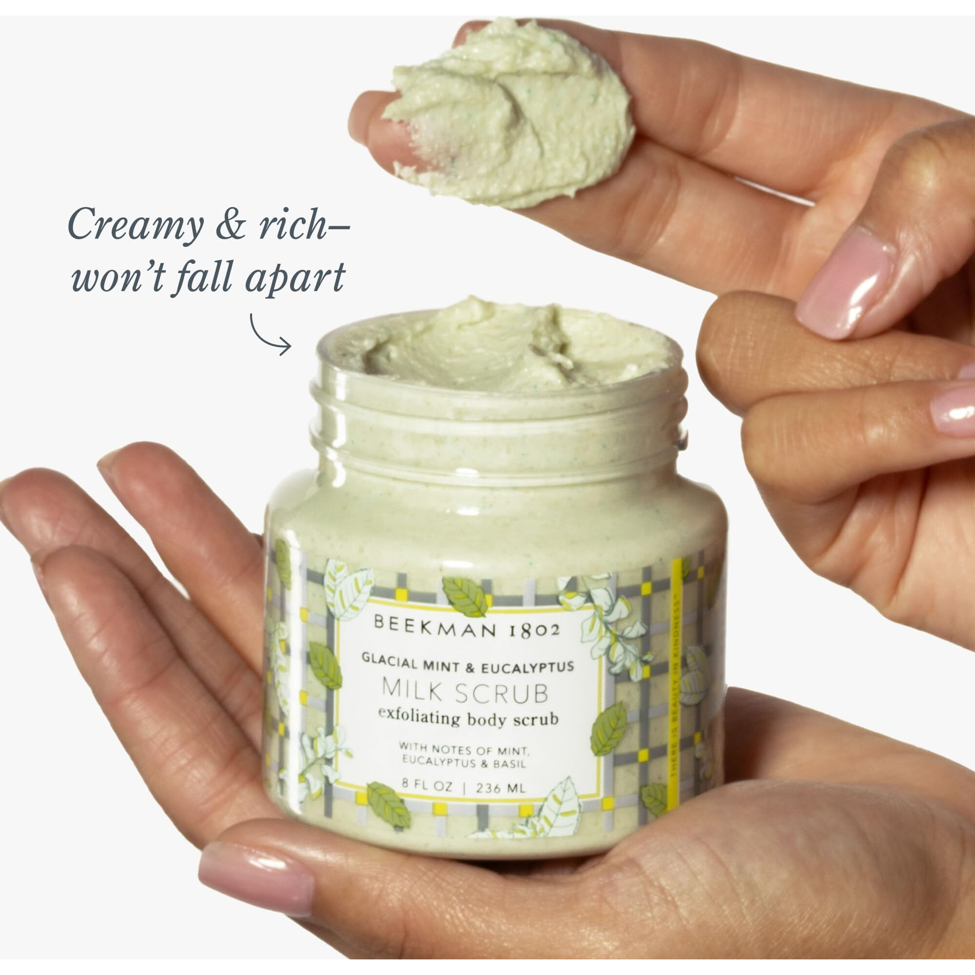 Beekman 1802 Glacial Mint & Eucalyptus Exfoliating Milk Body Scrub - 8.0 Fl Oz - Smooths & Evens Out Tone - With Goat Milk & Jojoba Beads - Skin Barrier Safe - Good For Sensitive Skin - Cruelty Free