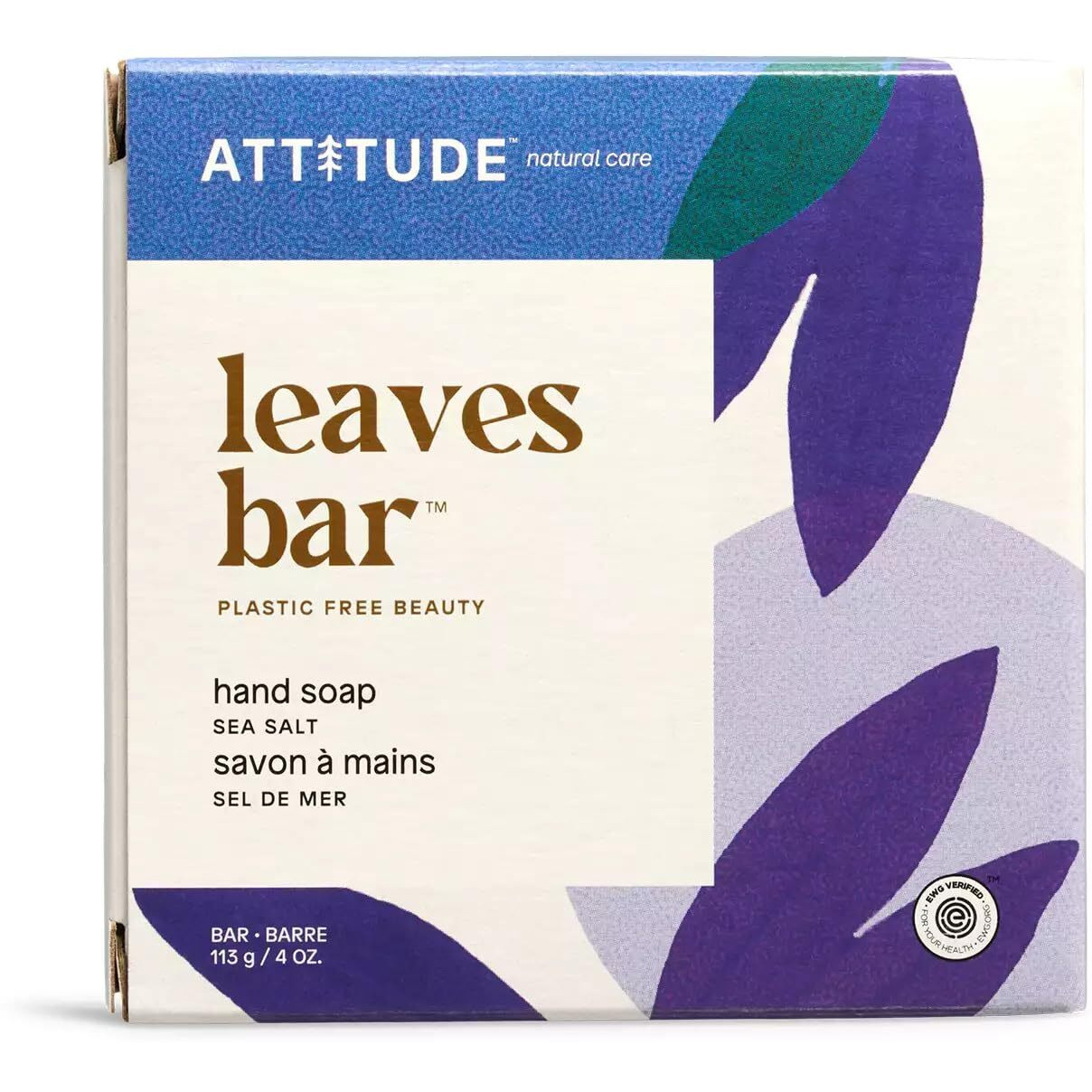 Attitude Soap Bar, Natural Origin, Nourishing Cleanser For Hands And Body, Repairs And Soothes Dry Skin, Avocado Oil & Shea Butter, Ewg Verified & Vegan, Sea Salt, 4 Oz