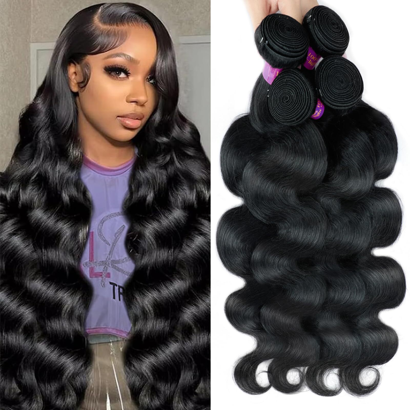 Body Wave Bundles Human Hair 18 20 22 24 Inch 4 Bundles12A Human Hair Bundles100% Unprocessed Brazilian Virgin Hair Quick Weave Extensions Natural Black
