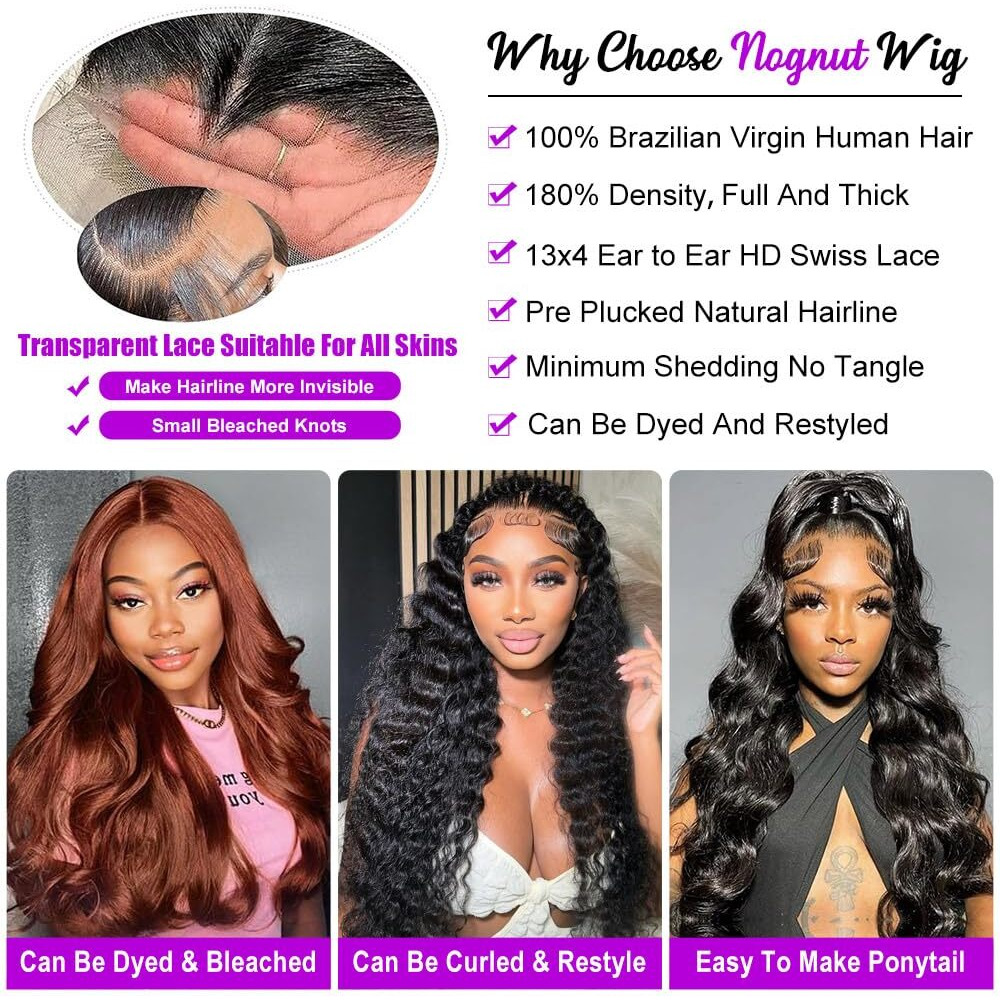 Nognut Nongnut 13X4 Body Wave Lace Front Wigs Human Hair Hd Transparent Frontal Wig Glueless Wigs Human Hair Pre Plucked With Baby Hair 180% Density Human Hair Wigs For Black Women 36 Inch Lace Wig