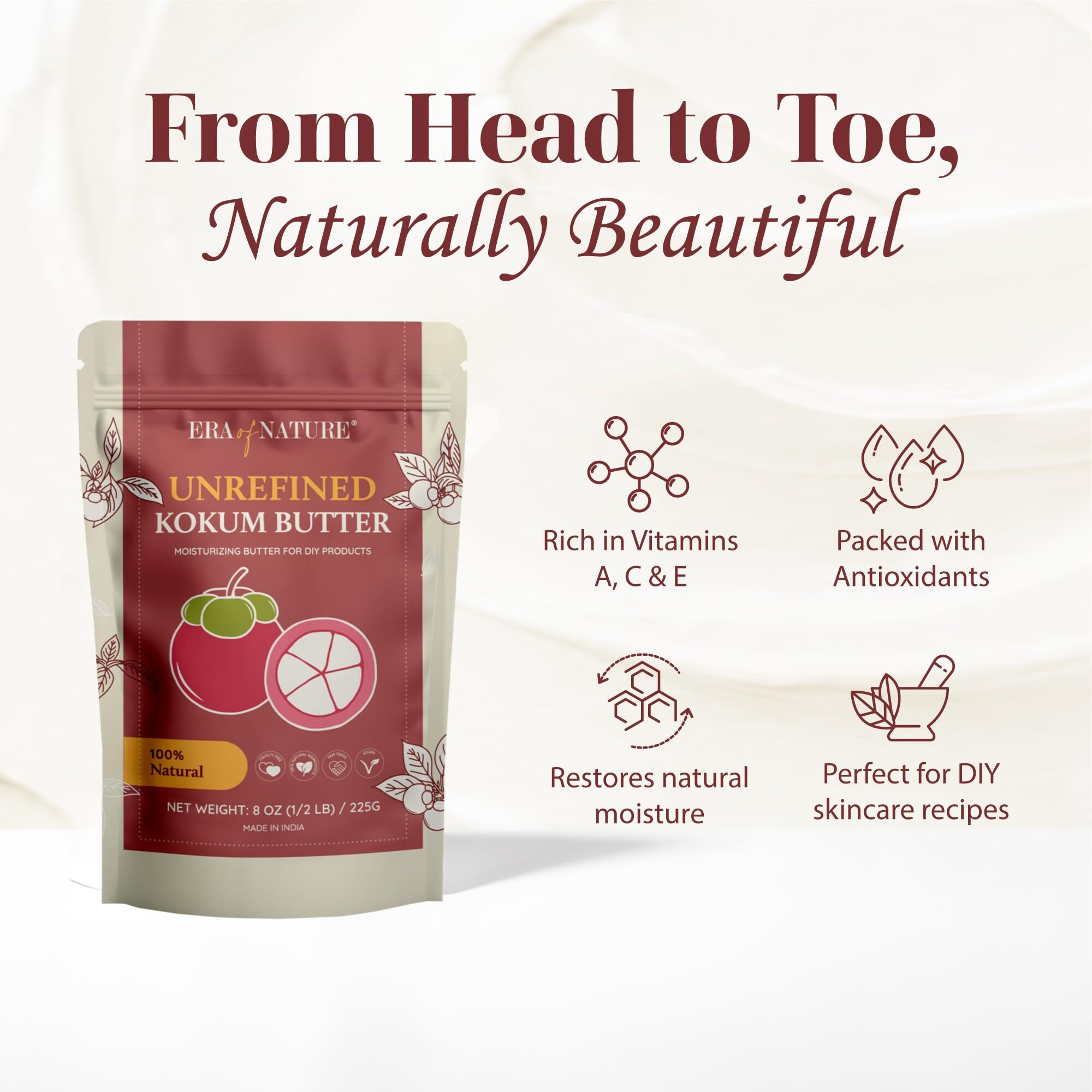 Era Of Nature Kokum Butter, Fresh, Firm Butter, Use To Make Lotion Bars, Body Butters, Lip Balm, Soap, Sunscreens - Scent-Free, 8Oz (1/2Lb)