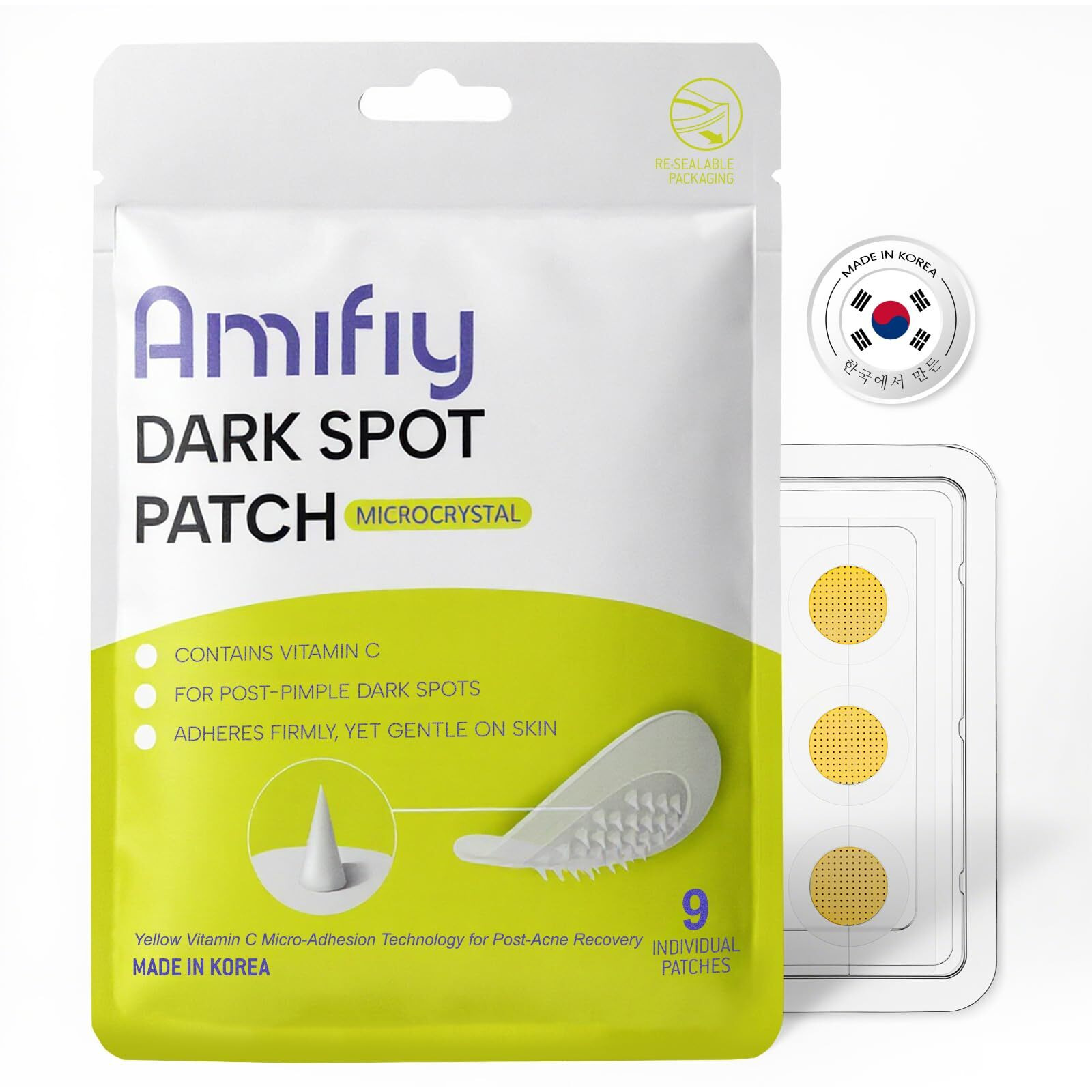 Amifiy Microcrystal Dark Spot Patches, Korean Skincare Post-Blemish Redness Cover On Body & Face, Acne Pimple Spot Remover With Vitamin C, Kojic Acid & Tranexamic Acid, 9 Count