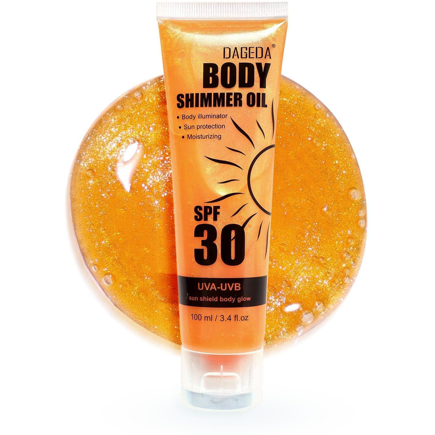 Dageda Body Glow Oil, Spf 30 Broad Spectrum Glitter Sunscreen, Lightweight, Non-Sticky Sunscreen Body Shimmer, Sun Protection With Centella Asiatica Extract, Uva/Uvb Protection, Gold 3.4 Fl.Oz