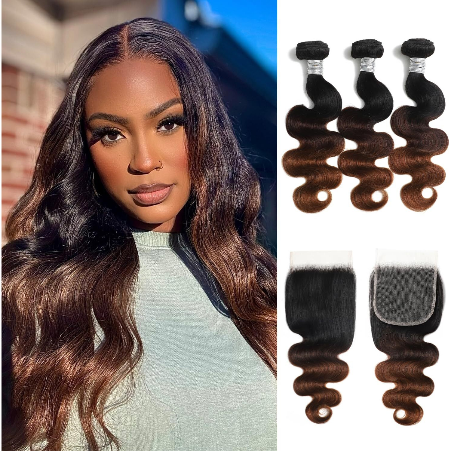 Auroo 3 Tone Chestnut Brown Ombre 3 Body Wave Bundles With Closure Human Hair, 12A Virgin Remy Hair Bundle T1B/2/30 Medium Brown/Auburn Colored 3 Bundles With 5X5 Hd Lace Closure Free Part 14 16 18+12