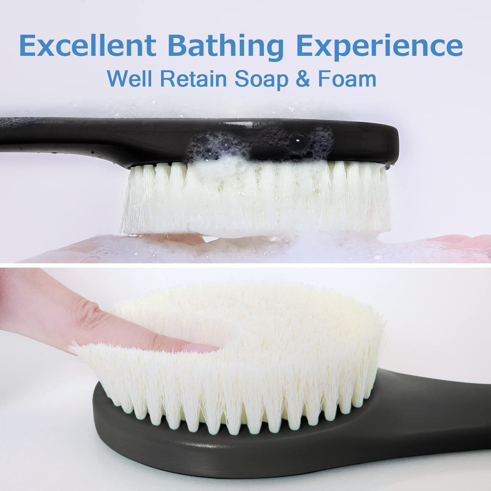 Rolizoe Back Brush Long Handle For Shower, Soft Bristle Back Scrubber For Shower, Ergonomics Curved Long Handle Bath Brush Exfoliating Body Scrubber With Hook And Lanyard-Black