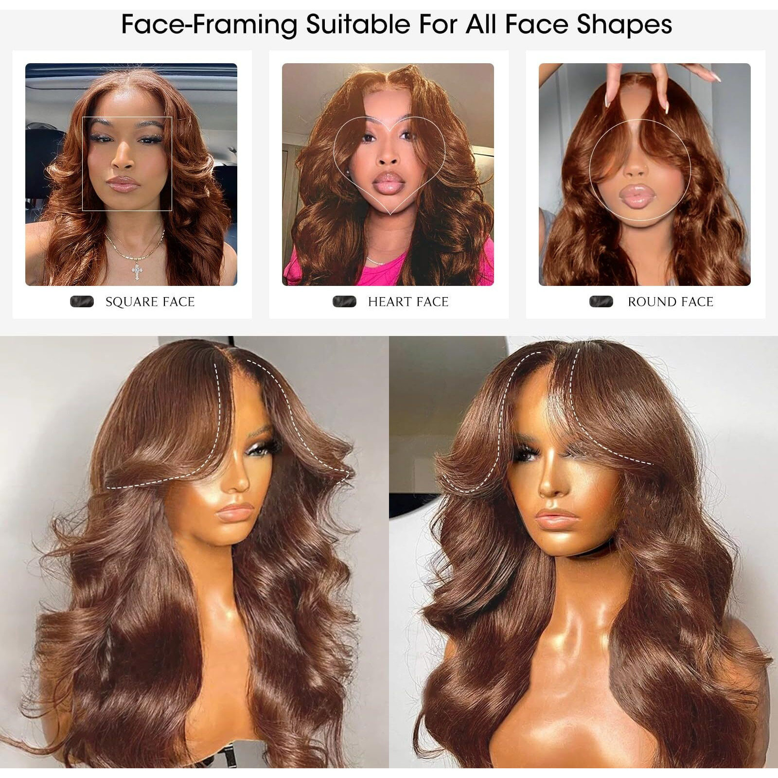 Tunfine Curtain Bangs Chocolate Brown Face-Framing 9X6 Glueless Wigs Human Hair Pre Plucked Pre Cut Hd Closure Wigs 200 Density Ready To Go Loose Body Wave Lace Front Wigs For Black Women 16 Inch