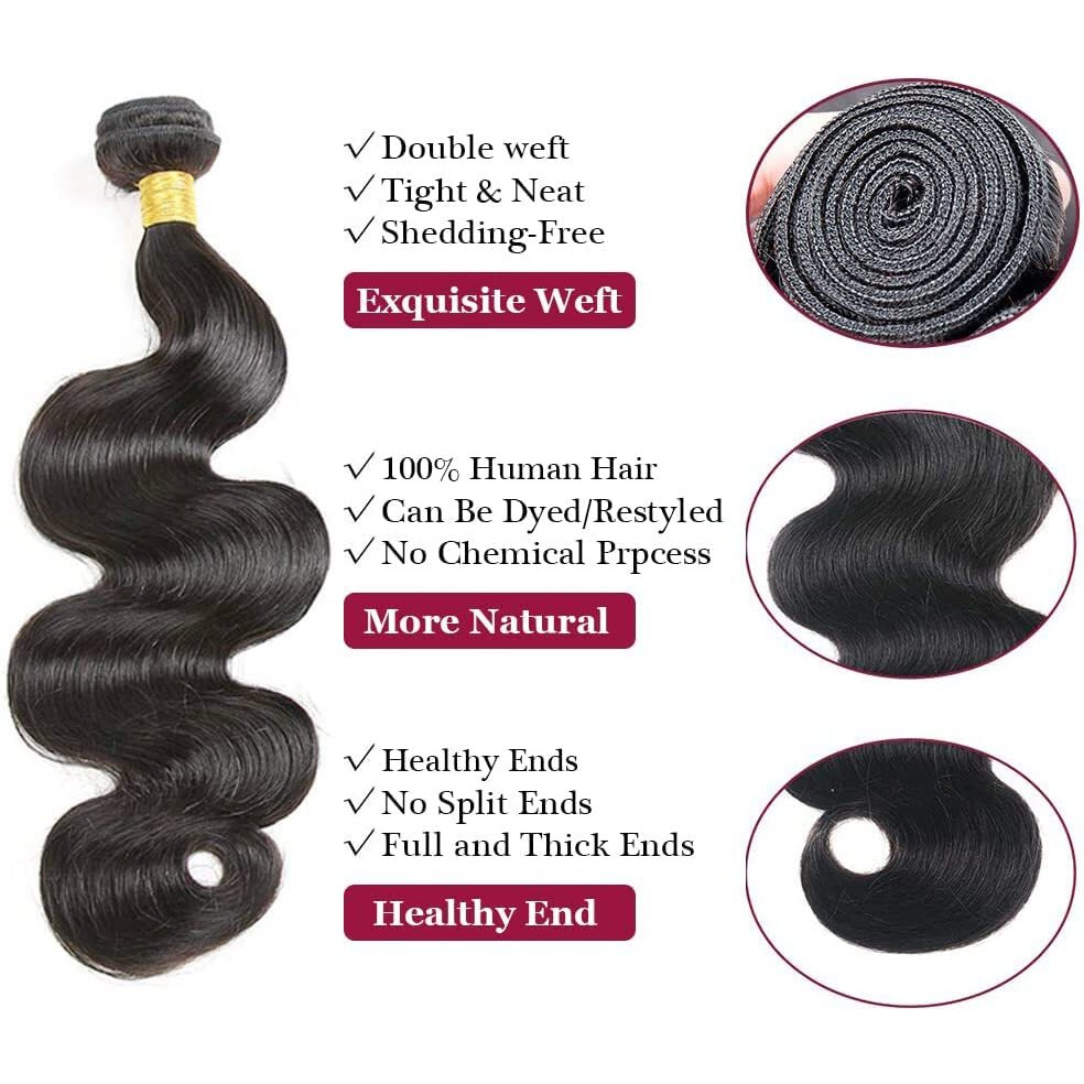 Amskdum Body Wave Human Hair 12A Body Wave 100% Unprocessed Brazilian Virgin Hair Bundles Deals Extensions Weave Natural Black (16 Inch)