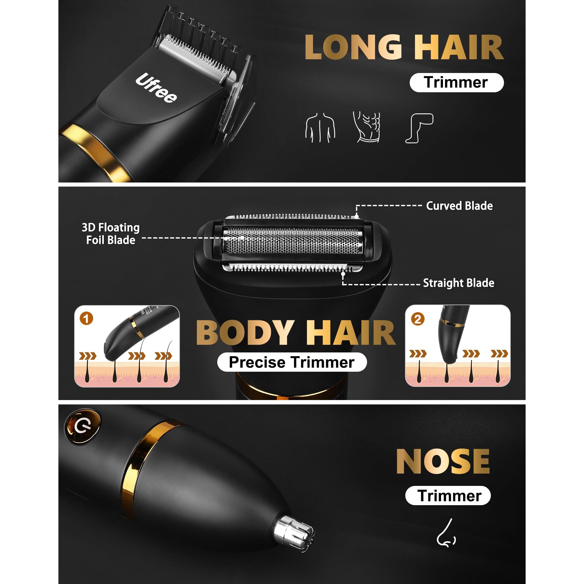 Ufree Body Hair Trimmer For Men, Manscape Ball Pubic Hair Trimmer, 3 In 1 Body Grooming Kit For Groin, Waterproof Body Electric Shaver Razor, Grooming For Face And Body, Gifts For Men, Black