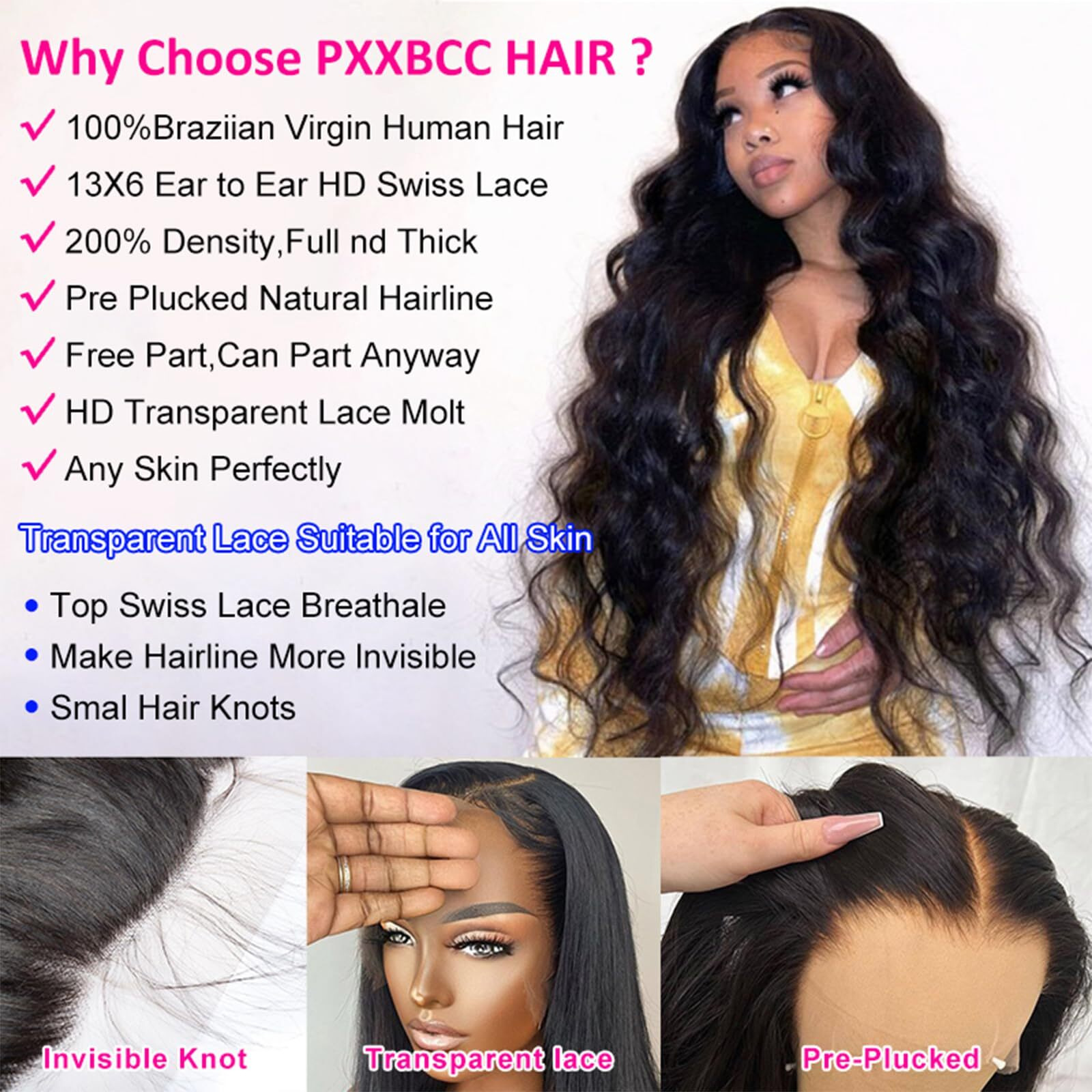 Pxxbcc 32 Inch 13X6 Lace Front Wigs Human Hair 200% Density Body Wave Hd Lace Front Wigs Human Hair Pre Plucked Natural Color 100% Virgin Lace Front Wigs For Women