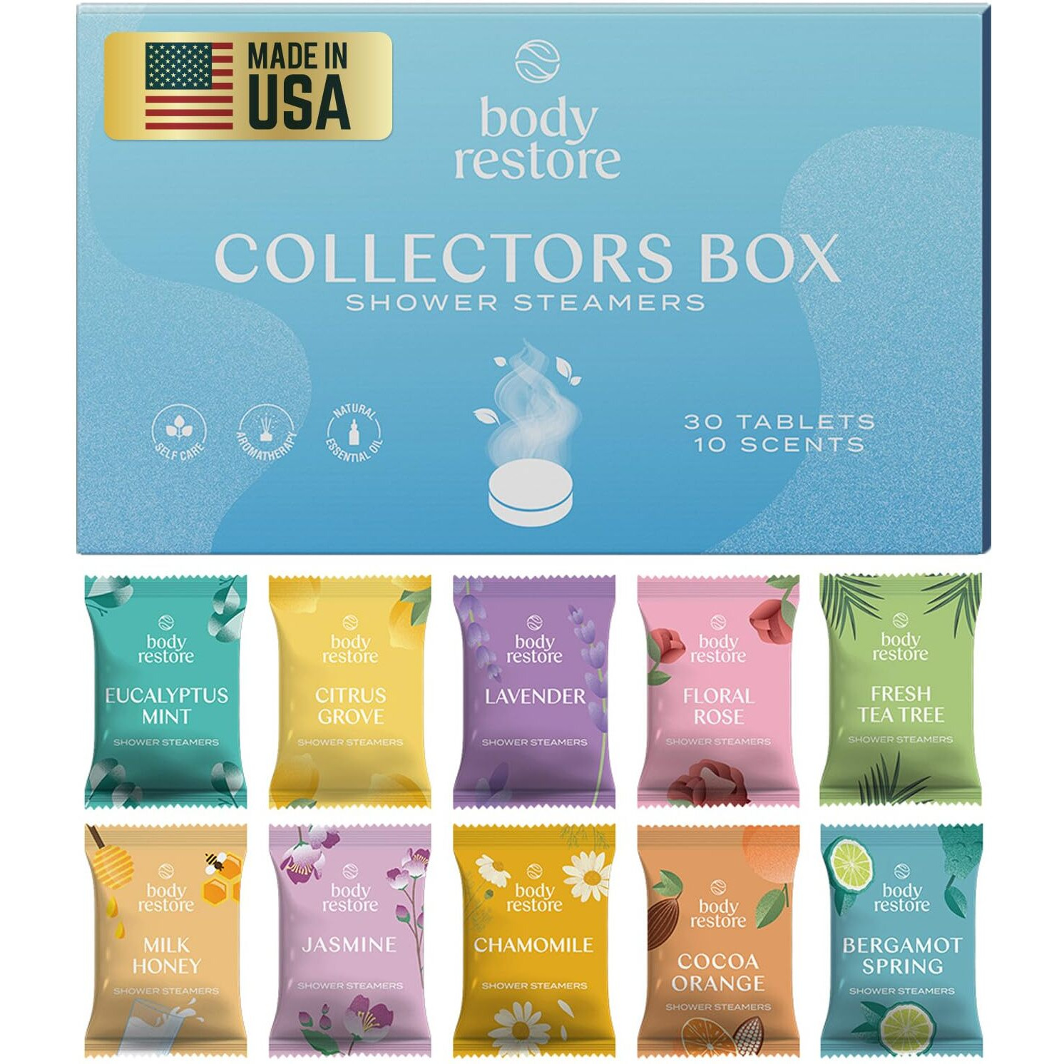 Body Restore Shower Steamers Aromatherapy 30 Pack - Birthday Gifts For Women, Men, Travel Essentials, Stress Relief, Relaxation, Self Care, Bath Bombs - Collectors Box