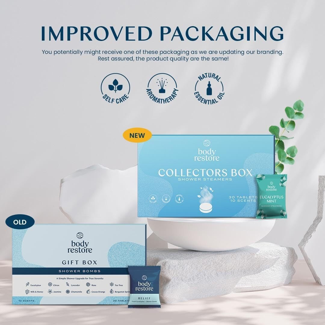 Body Restore Shower Steamers Aromatherapy 30 Pack - Birthday Gifts For Women, Men, Travel Essentials, Stress Relief, Relaxation, Self Care, Bath Bombs - Collectors Box