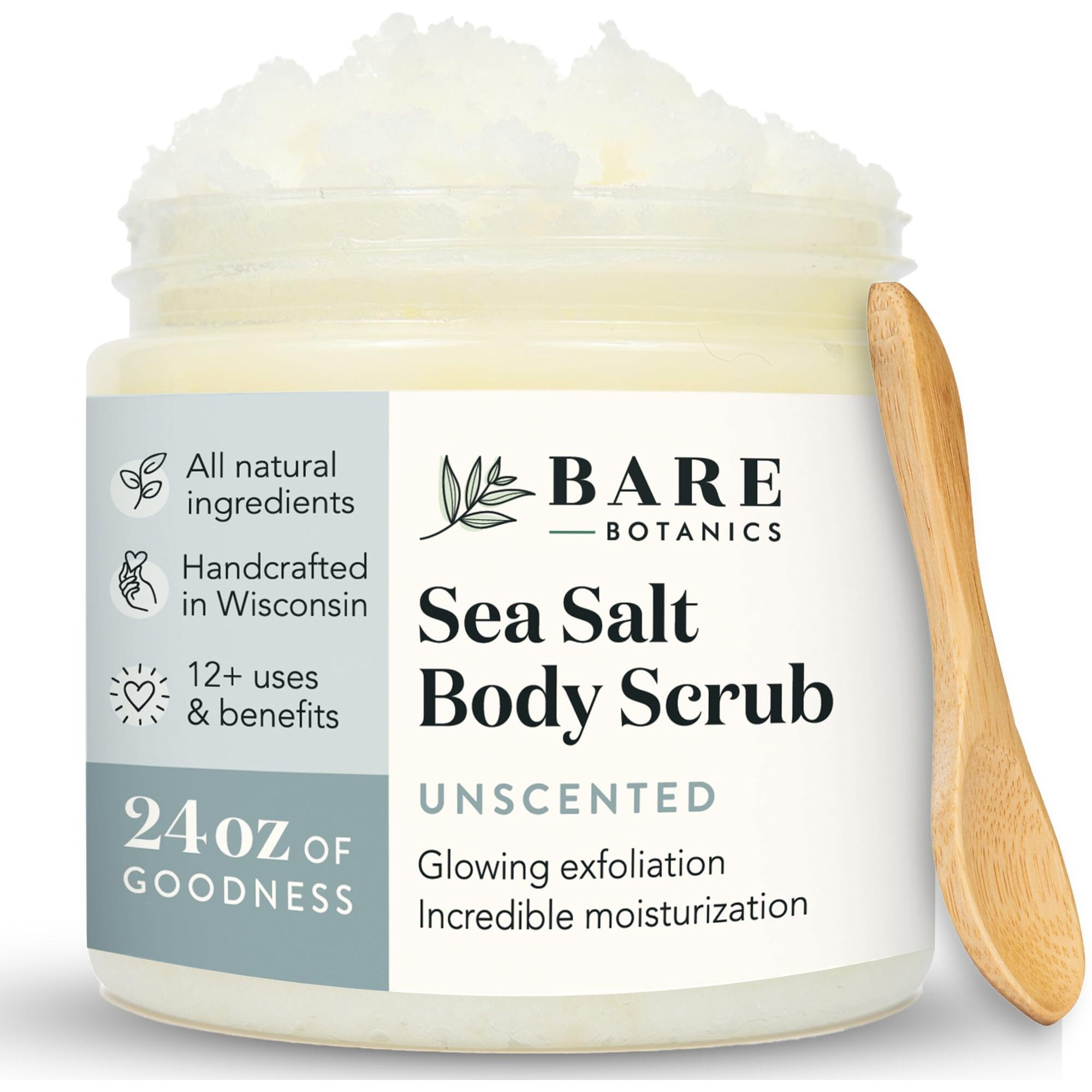 Bare Botanics Unscented Body Scrub 24 Oz - Naturally Scented Sea Salt Scrub Made In Madison, Wi - Formulated W/Skin Loving Moisturizers - Vegan, Cruelty Free Exfoliator W/A Cute Wooden Spoon