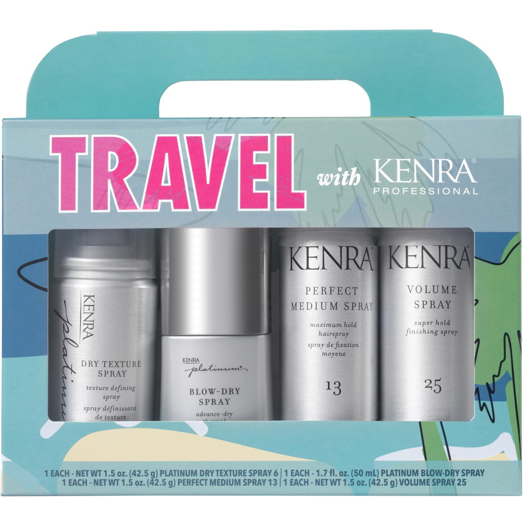 Kenra Professional Travel Kit | Includes Volume, Blow-Dry, Dry Texture & Perfect Medium Hair Spray | Adds Shine, Body, Protects, Smooths | 4 Pc Haircare Set