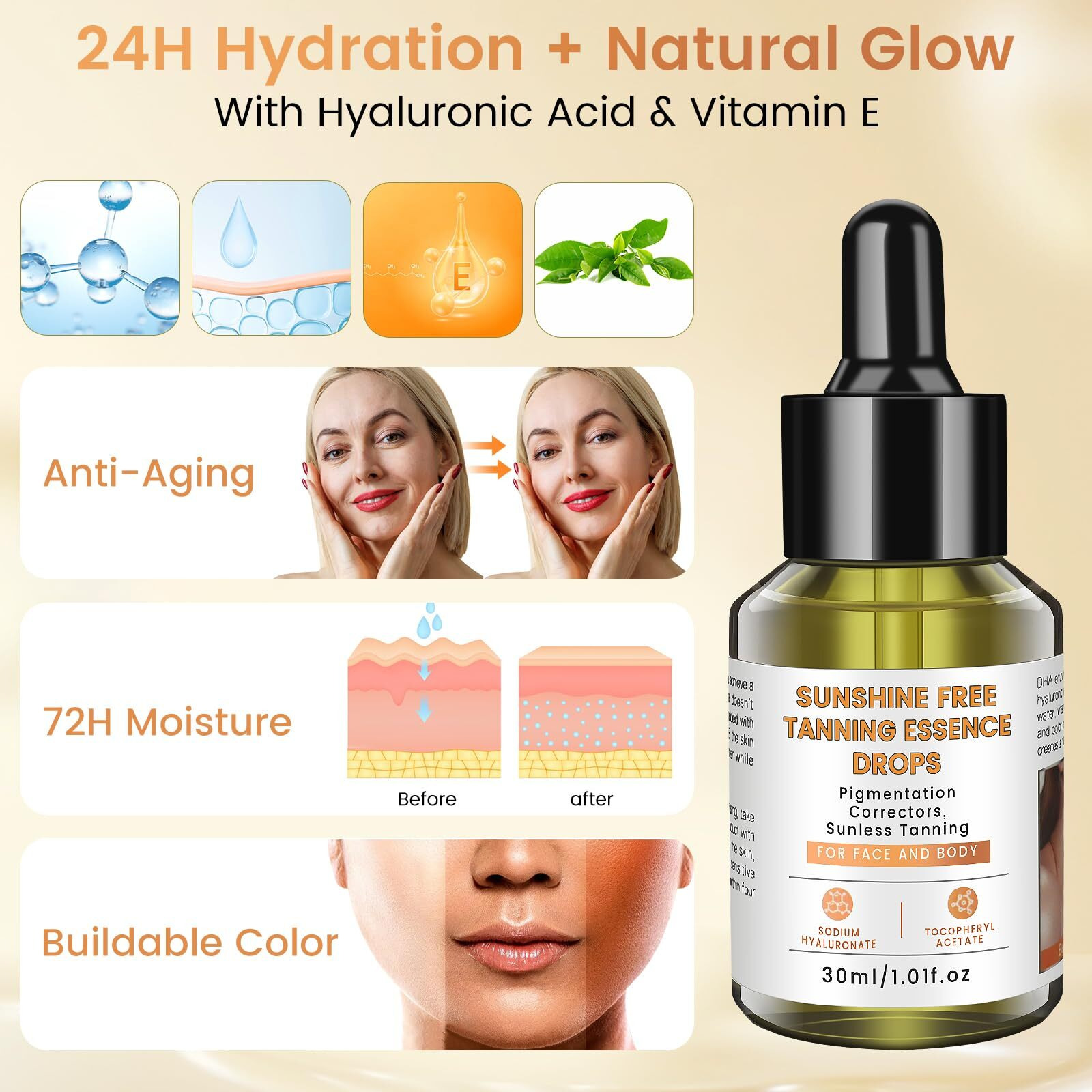 Natural Sunless Tanning Drops For Face & Body - Hydrating Bronzing Drops With Hyaluronic Acid & Vitamin E, Buildable Self Tanner For Glowing, Youthful Skin