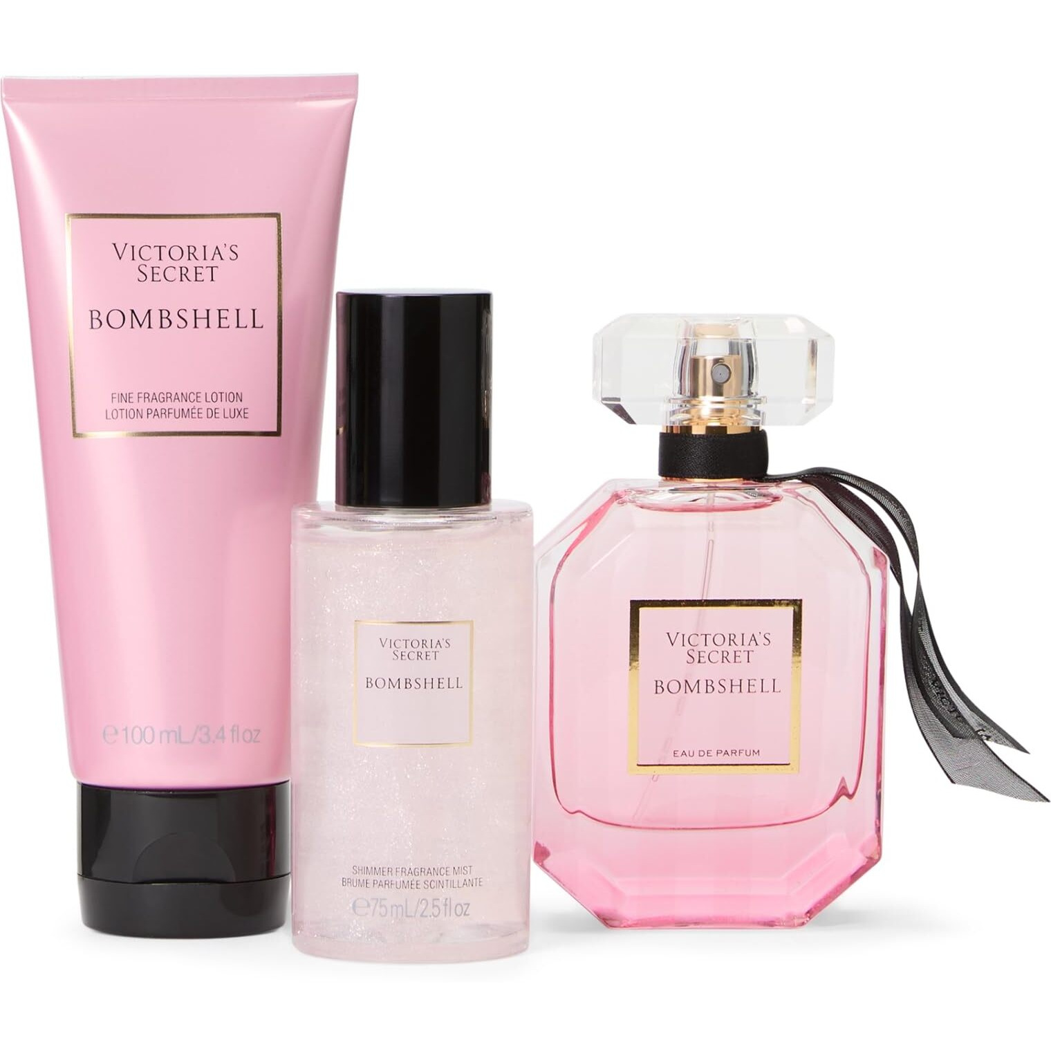 Victoria's Secret Bombshell 3 Piece Luxe Fragrance Gift Set 1.7 Oz. Eau De Parfum, Travel Lotion & Shimmer Mist