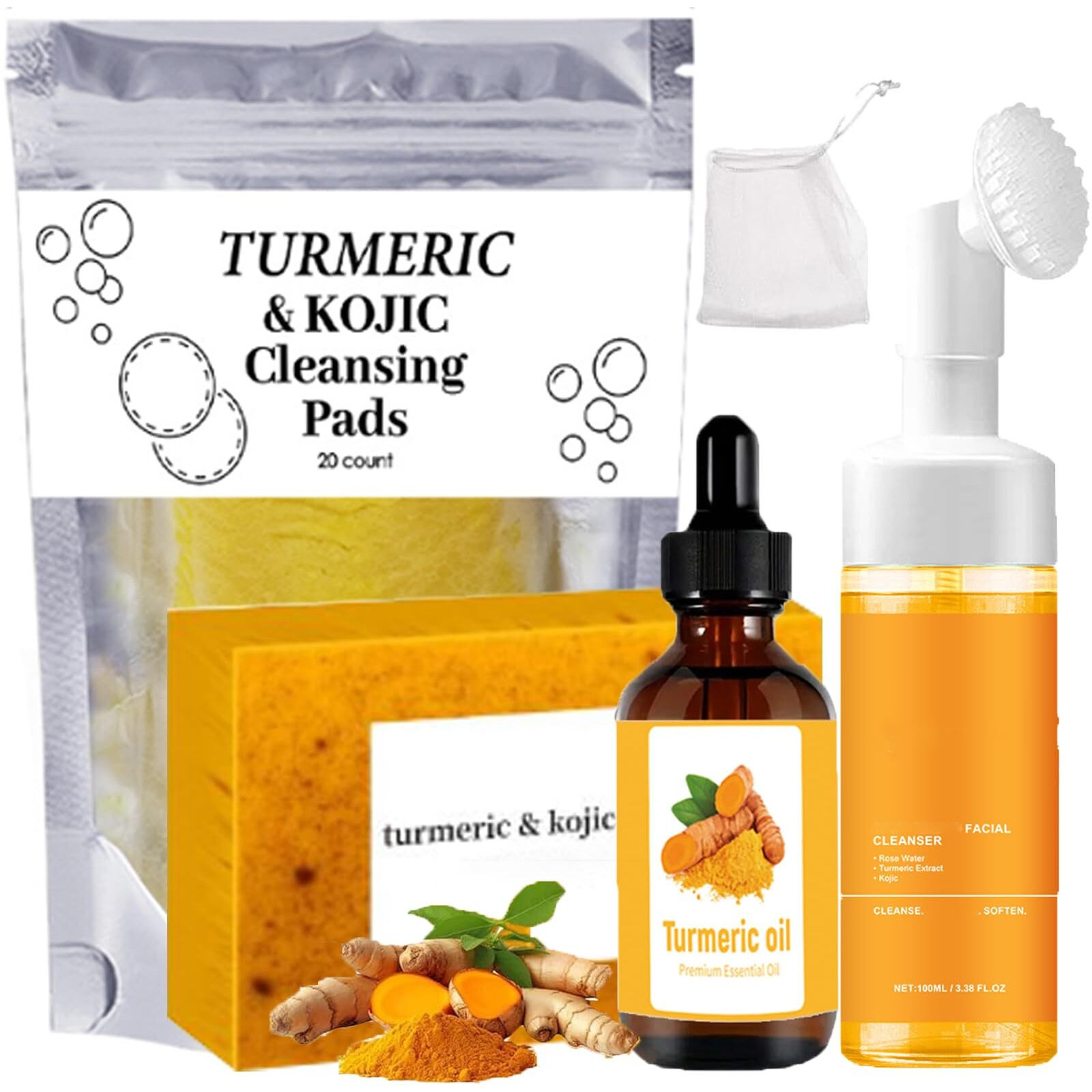 Turmeric Wash And Care 4 Piece Set - Turmeric Soap Bar & Cleansing Pads & Mousse Cleanser & Essential Oil, Facial Wash Kit For Women & Men, Exfoliating Scrub Pads For Face & Body (A)