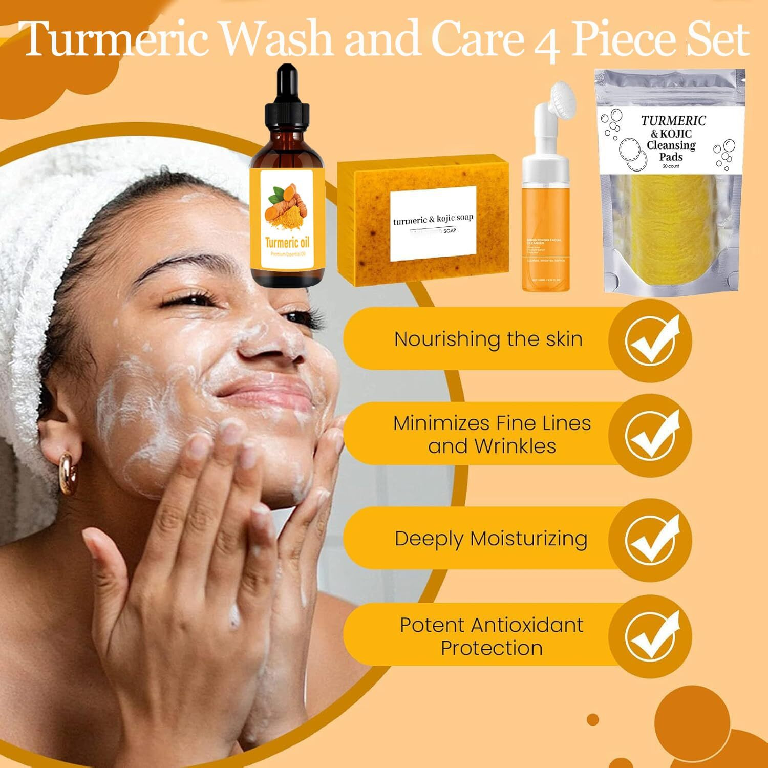 Turmeric Wash And Care 4 Piece Set - Turmeric Soap Bar & Cleansing Pads & Mousse Cleanser & Essential Oil, Facial Wash Kit For Women & Men, Exfoliating Scrub Pads For Face & Body (A)