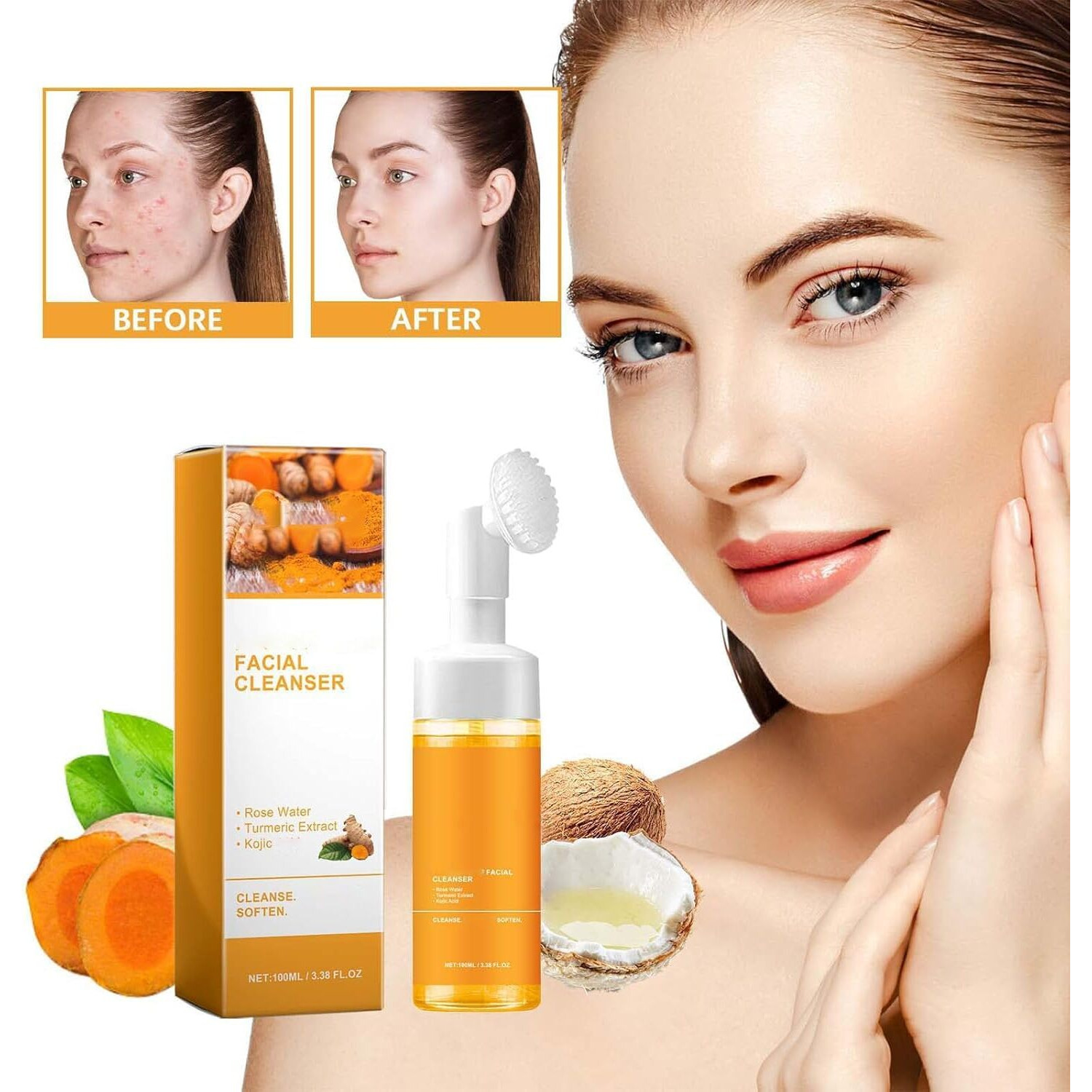 Turmeric Wash And Care 4 Piece Set - Turmeric Soap Bar & Cleansing Pads & Mousse Cleanser & Essential Oil, Facial Wash Kit For Women & Men, Exfoliating Scrub Pads For Face & Body (A)
