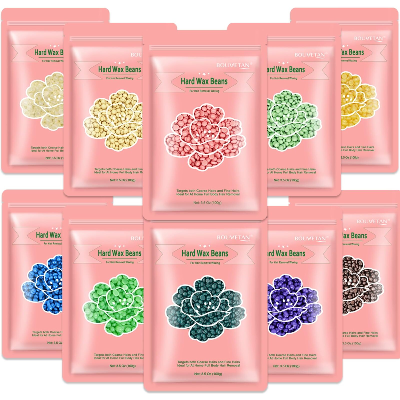 Bouvetan Hard Wax Beads 2.2 Lbs, 10 Pack Variety Wax Beans For Hair Removal, Sensitive Skin, Ideal For Face, Eyebrows, Bikini, Underarms, Legs, Brazilian Waxing And Full Body