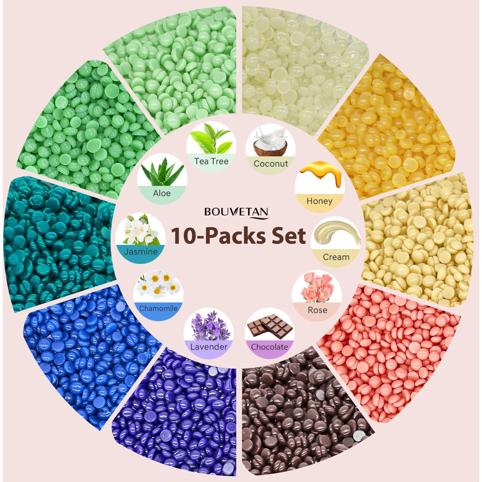 Bouvetan Hard Wax Beads 2.2 Lbs, 10 Pack Variety Wax Beans For Hair Removal, Sensitive Skin, Ideal For Face, Eyebrows, Bikini, Underarms, Legs, Brazilian Waxing And Full Body