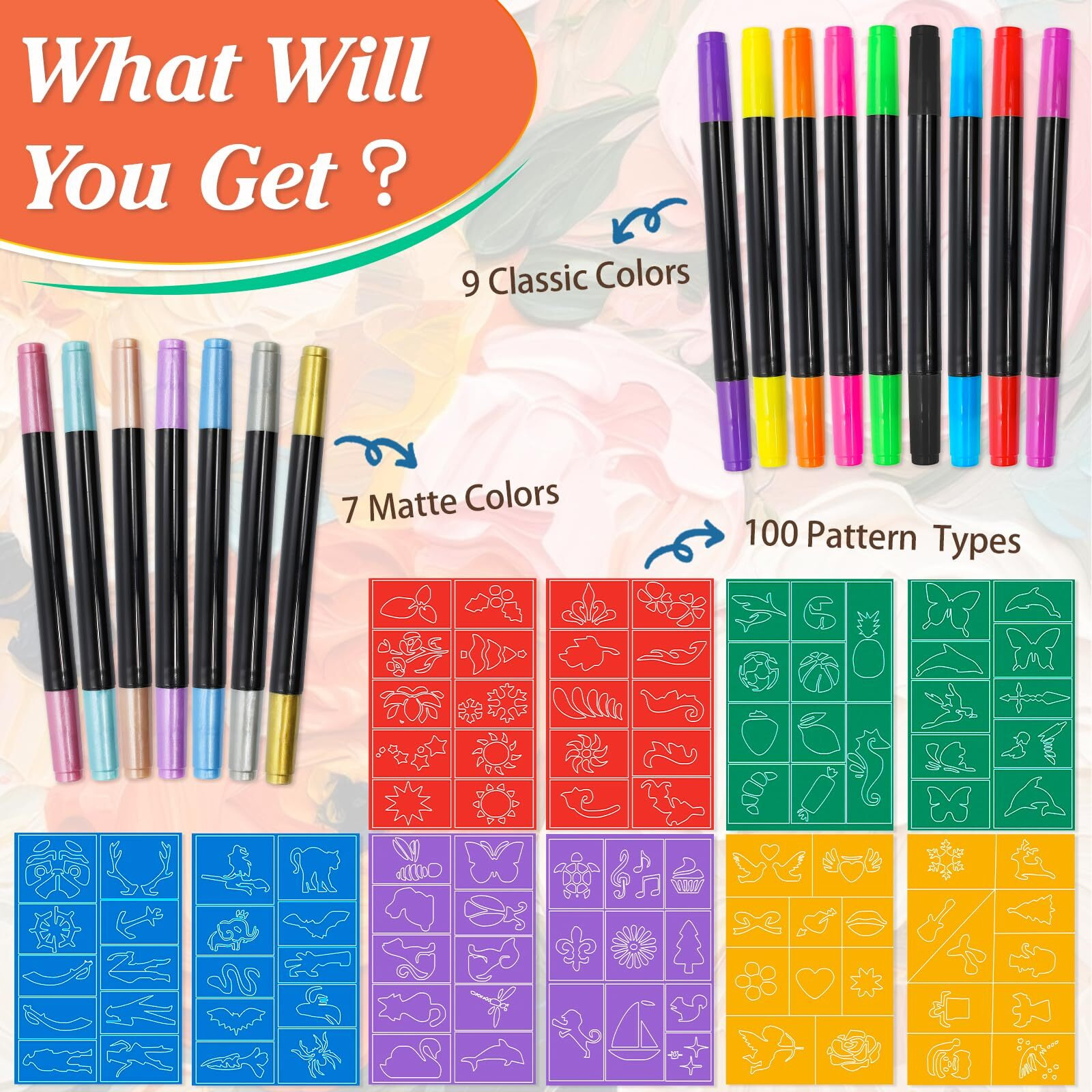 Temporary Tattoo Markers For Skin,Dual-End 16 Count Tattoo Pens(9 Classic/7 Matte Colors)+ 100 Stencils,Body Markers Art For Adults And Kids, Cosmetic-Grade