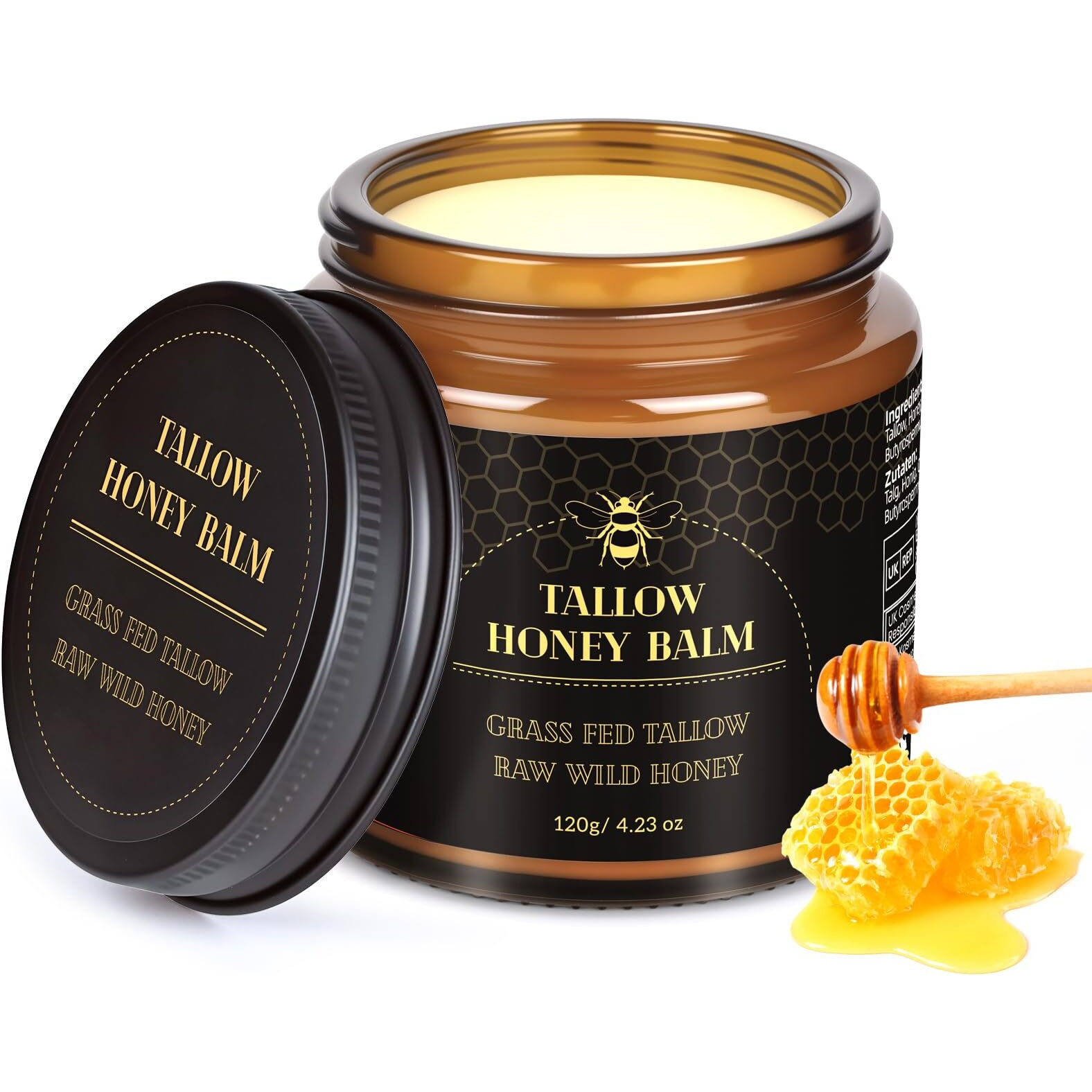 Beef Tallow For Skin,Tallow And Honey Balm,Organic Grass-Fed Beef Tallow Balm With Raw Wild Honey, Face And Body Moisturizer (120G)