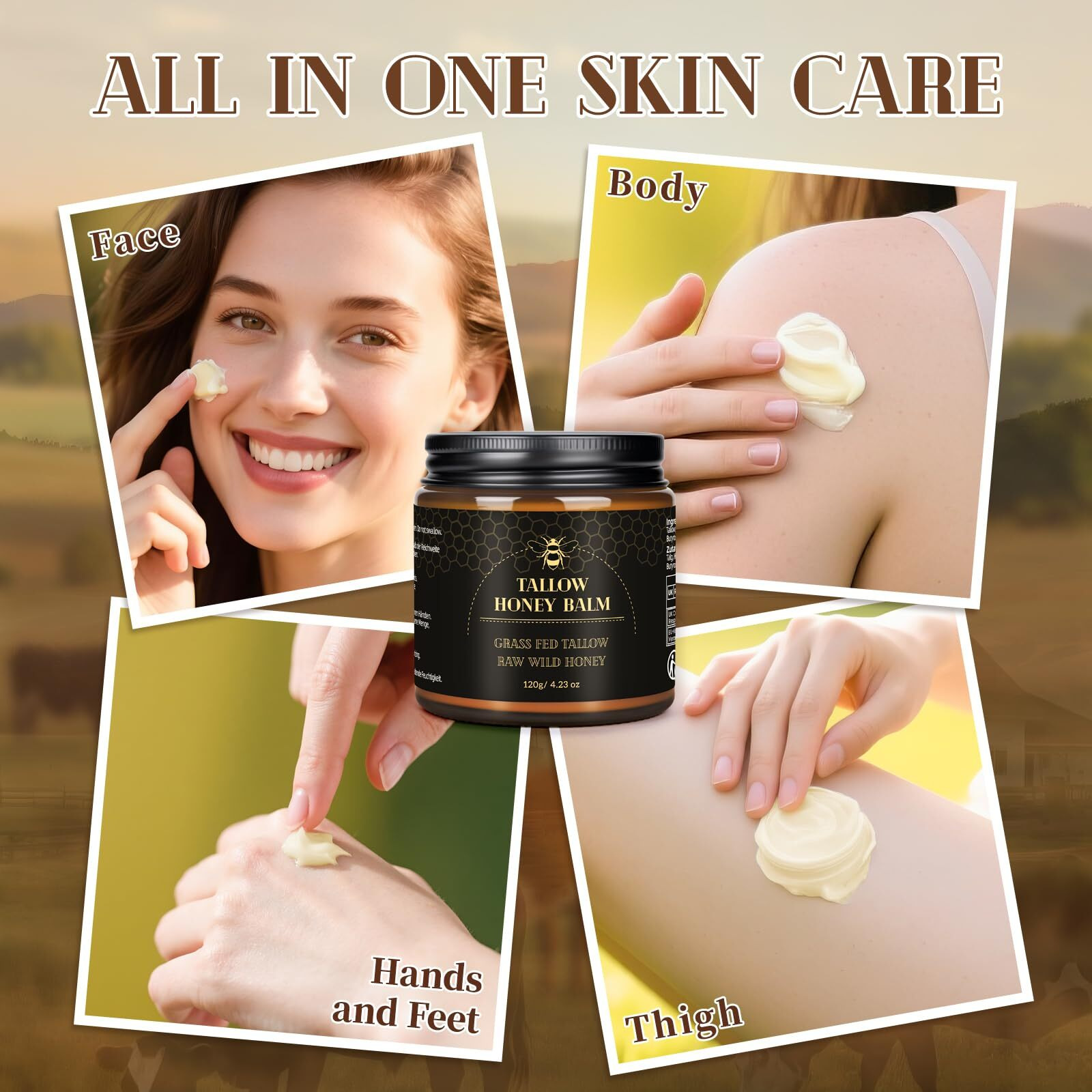 Beef Tallow For Skin,Tallow And Honey Balm,Organic Grass-Fed Beef Tallow Balm With Raw Wild Honey, Face And Body Moisturizer (120G)