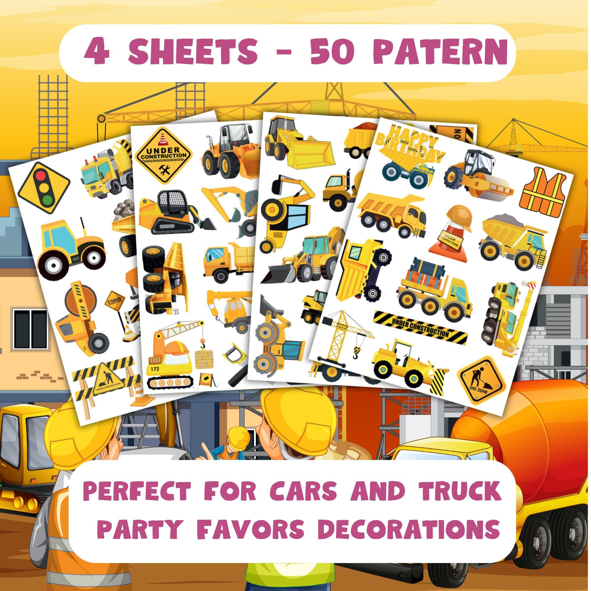 Cars And Trucks Temporary Tattoo For Kids - 50Pcs Cars Construction Tractor Tattoos Party Birthday Decorations Excavator Construction Vehicle Tattoo Body Sticker For Kids Boys Girls Party Bag Filler