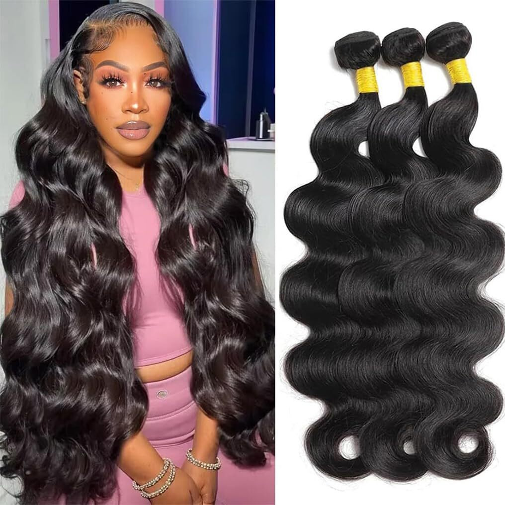 Menalue Body Wave 3 Bundles Human Hair 24 26 28 Inch 10A Brazilian Virgin Body Wave Human Hair Bundles For Women 100% Unprocessed Ocean Weave Bundles Natural Black Color Hair Extensions