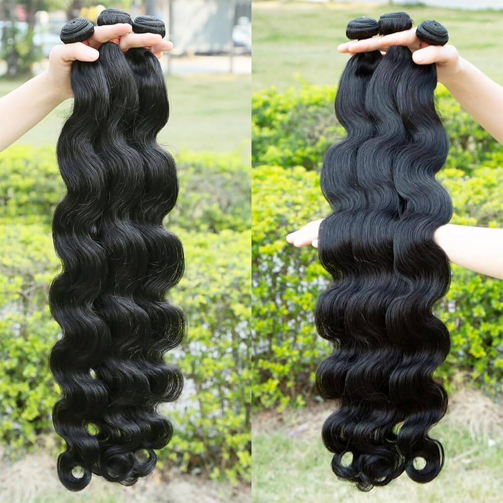 Menalue Body Wave 3 Bundles Human Hair 24 26 28 Inch 10A Brazilian Virgin Body Wave Human Hair Bundles For Women 100% Unprocessed Ocean Weave Bundles Natural Black Color Hair Extensions