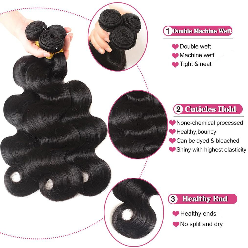 Menalue Body Wave 3 Bundles Human Hair 24 26 28 Inch 10A Brazilian Virgin Body Wave Human Hair Bundles For Women 100% Unprocessed Ocean Weave Bundles Natural Black Color Hair Extensions