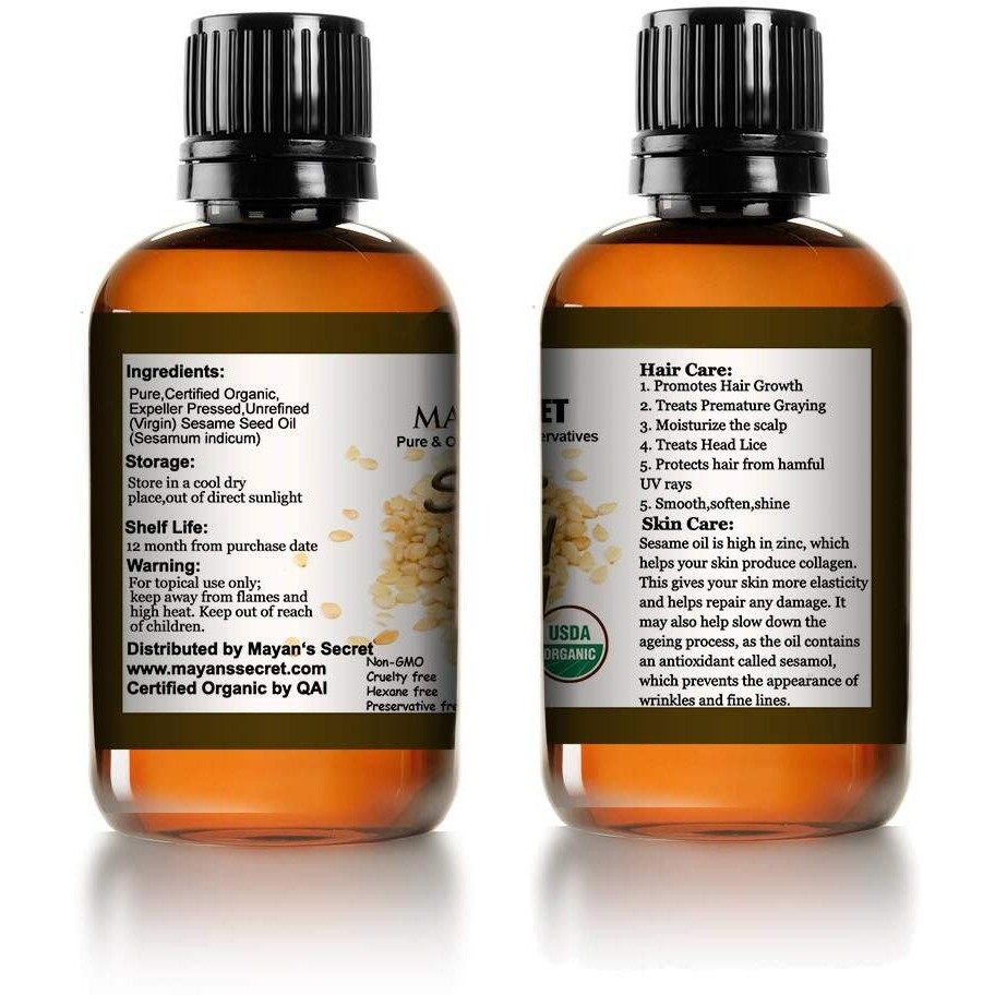 Mayan's Secret Usda Certified Virgin Organic Sesame Seed Oil Unrefined 100% Pure Natural For Skin, Body, Face, And Hair Growth Large 4Oz Glass Bottle